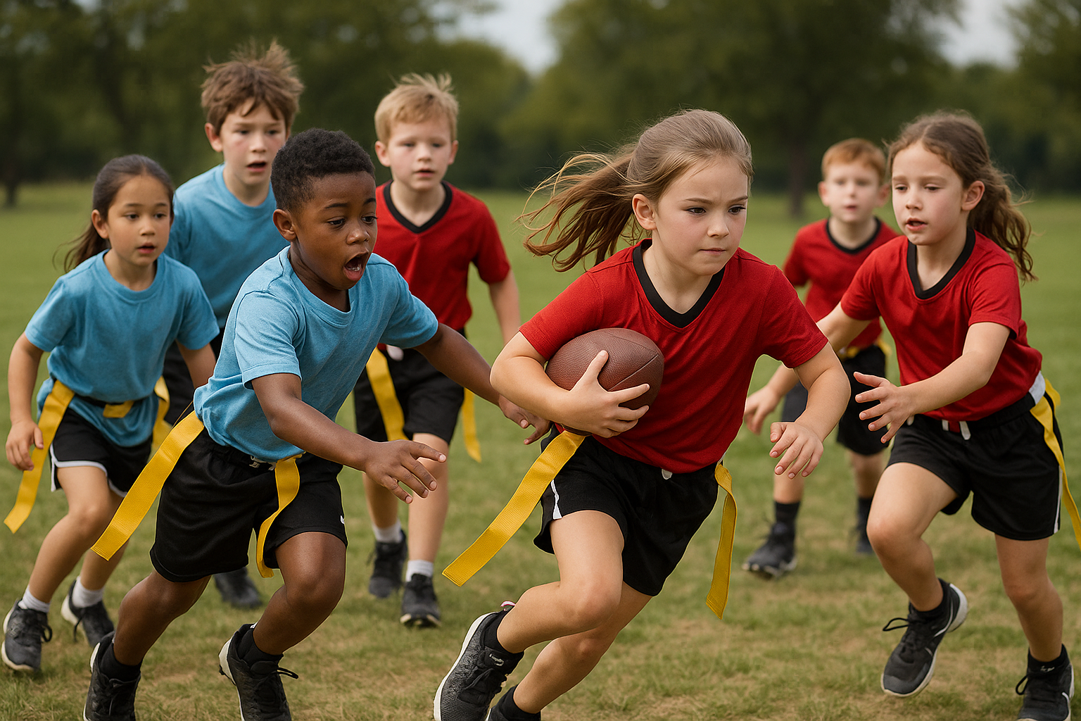 Children playing flag football outdoors, running after a girl running with the football, on a grassy field with trees in the background.