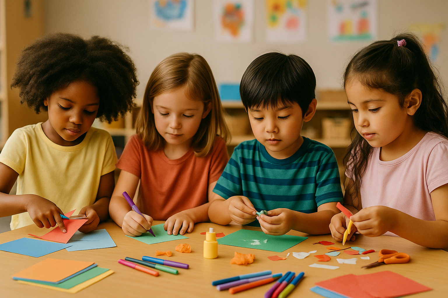 Four children are engaging in arts and crafts at a table, using paper, markers, scissors, and glue in a classroom setting.