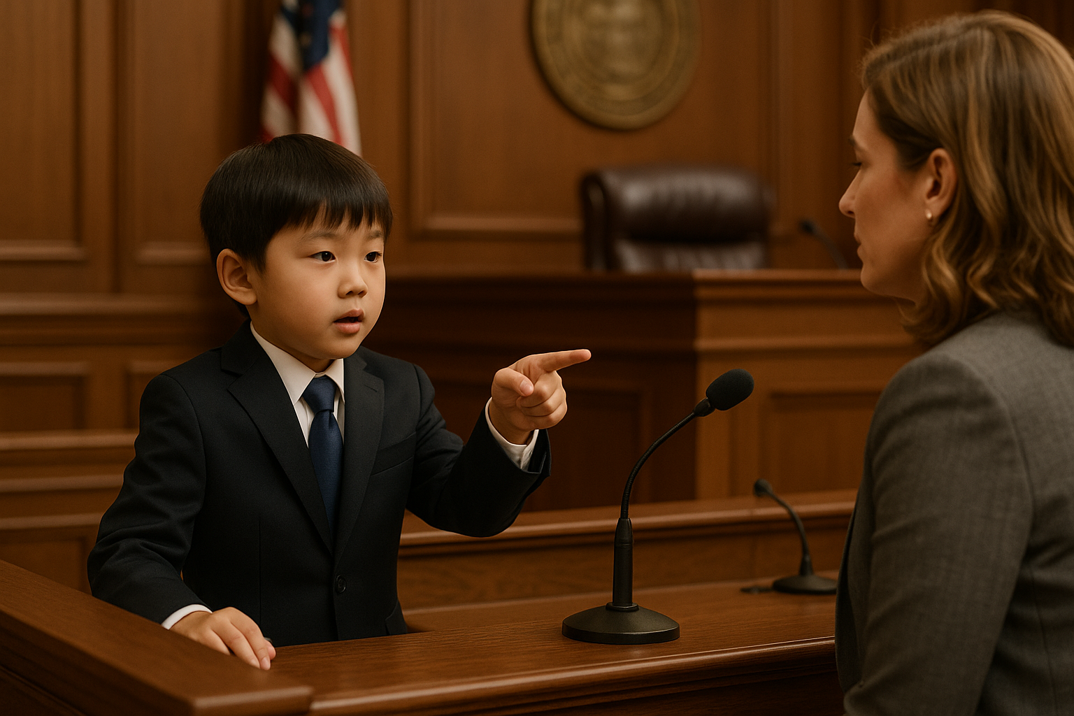 A young boy in a suit is pointing his finger at a woman in a courtroom setting.