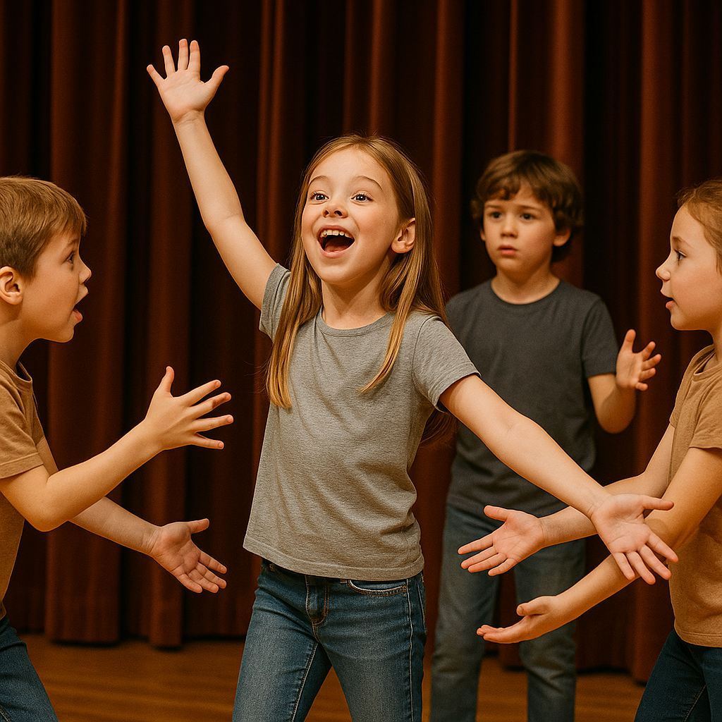 Four children, two boys and two girls, are playing together on a stage with a brown curtain background. The girl in the center, wearing a gray T-shirt, is smiling and raising her right hand while others reach towards her.
