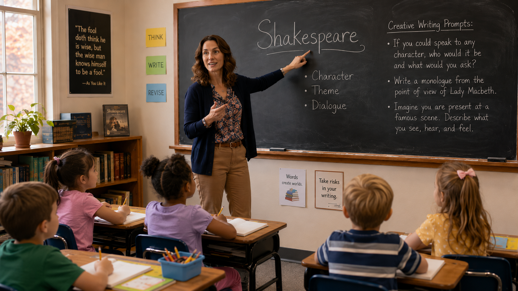 A classroom scene with a teacher standing at a blackboard labeled "Shakespeare," pointing and smiling at her students who are sitting at their desks taking notes. The blackboard has notes on character, theme, and dialogue, and classroom posters about