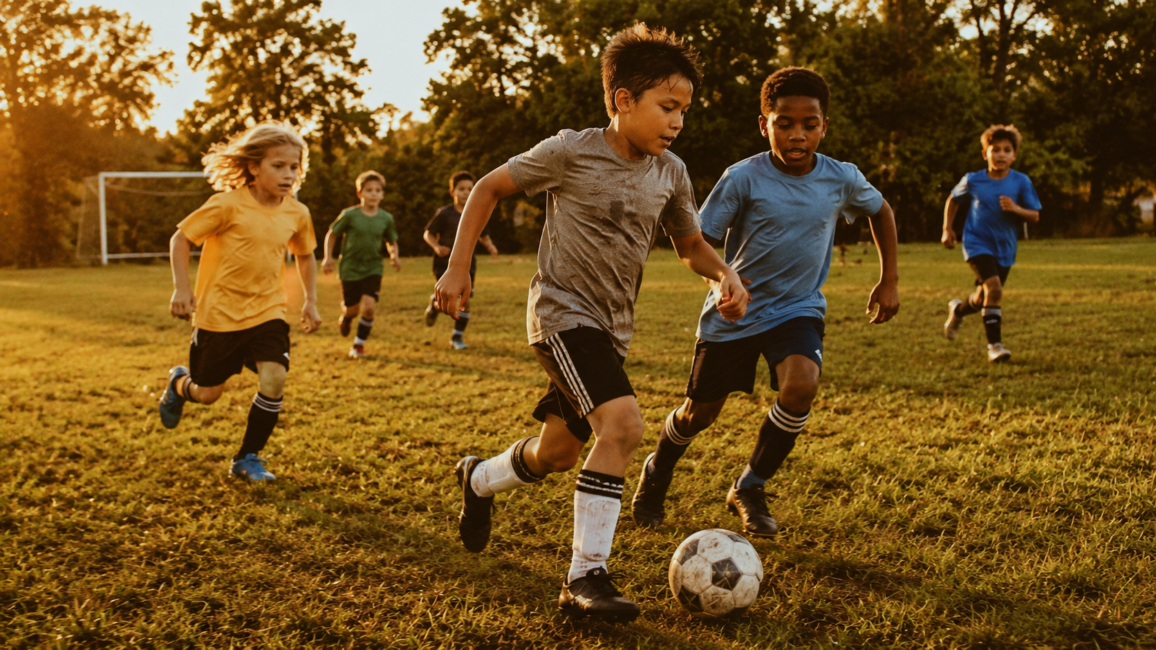 Children playing soccer on a grassy field during sunset.