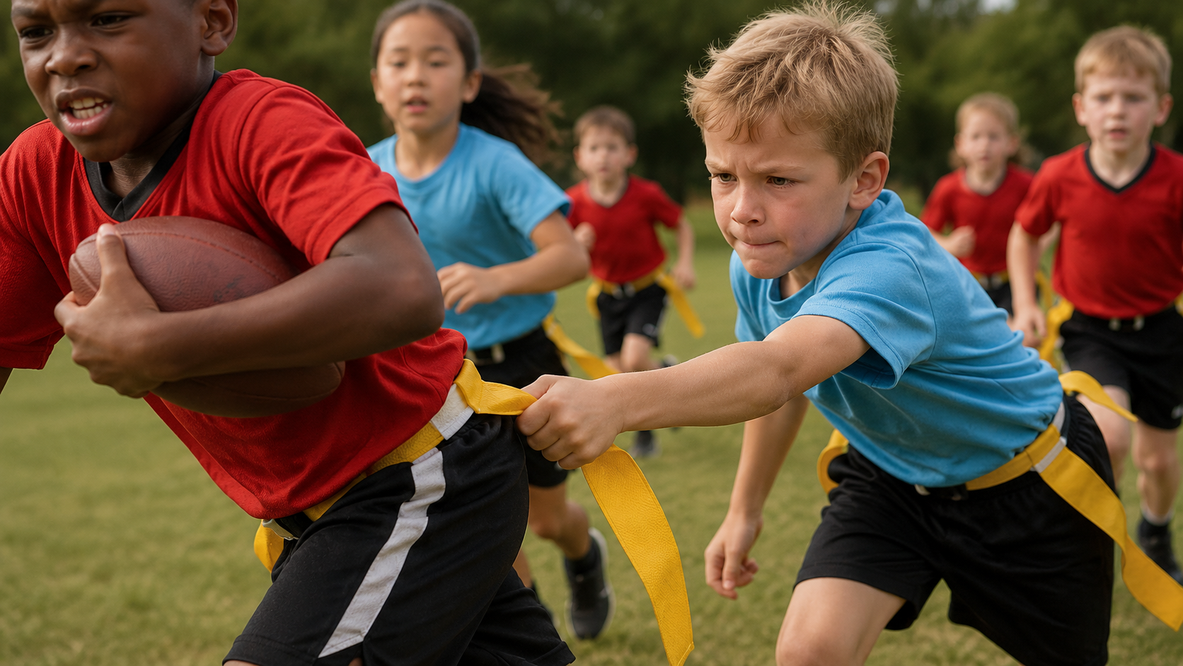 Children playing a game of flag football outdoors, with one child running with a football and others trying to pull his yellow flag