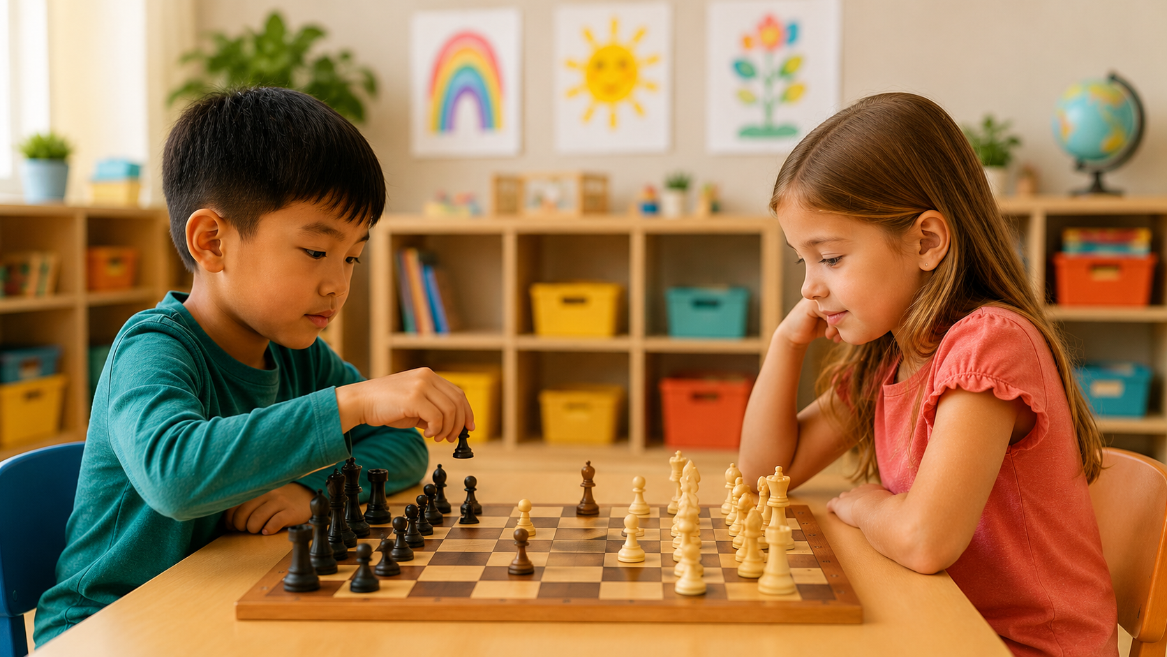Two children playing chess at a wooden table in a classroom with colorful storage bins and children's artwork on the wall.