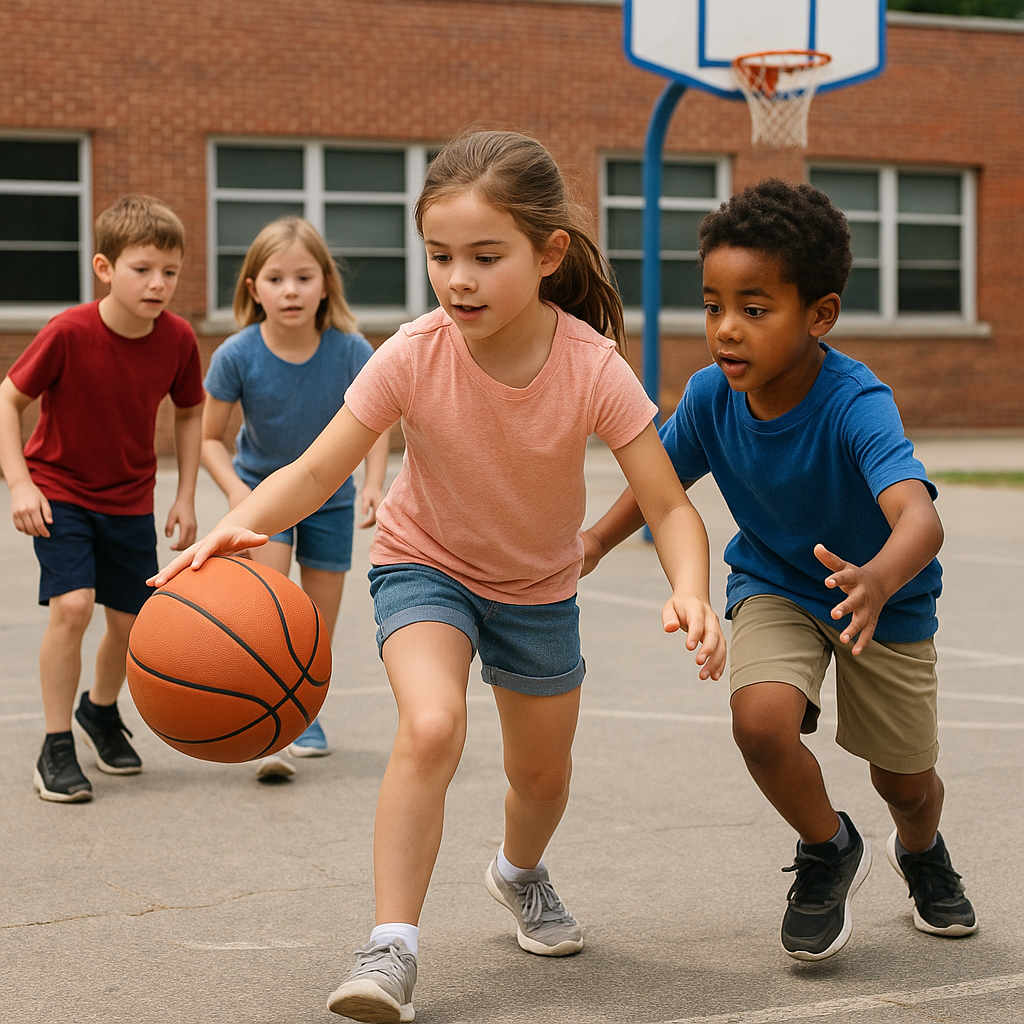 Children playing basketball on an outdoor court.