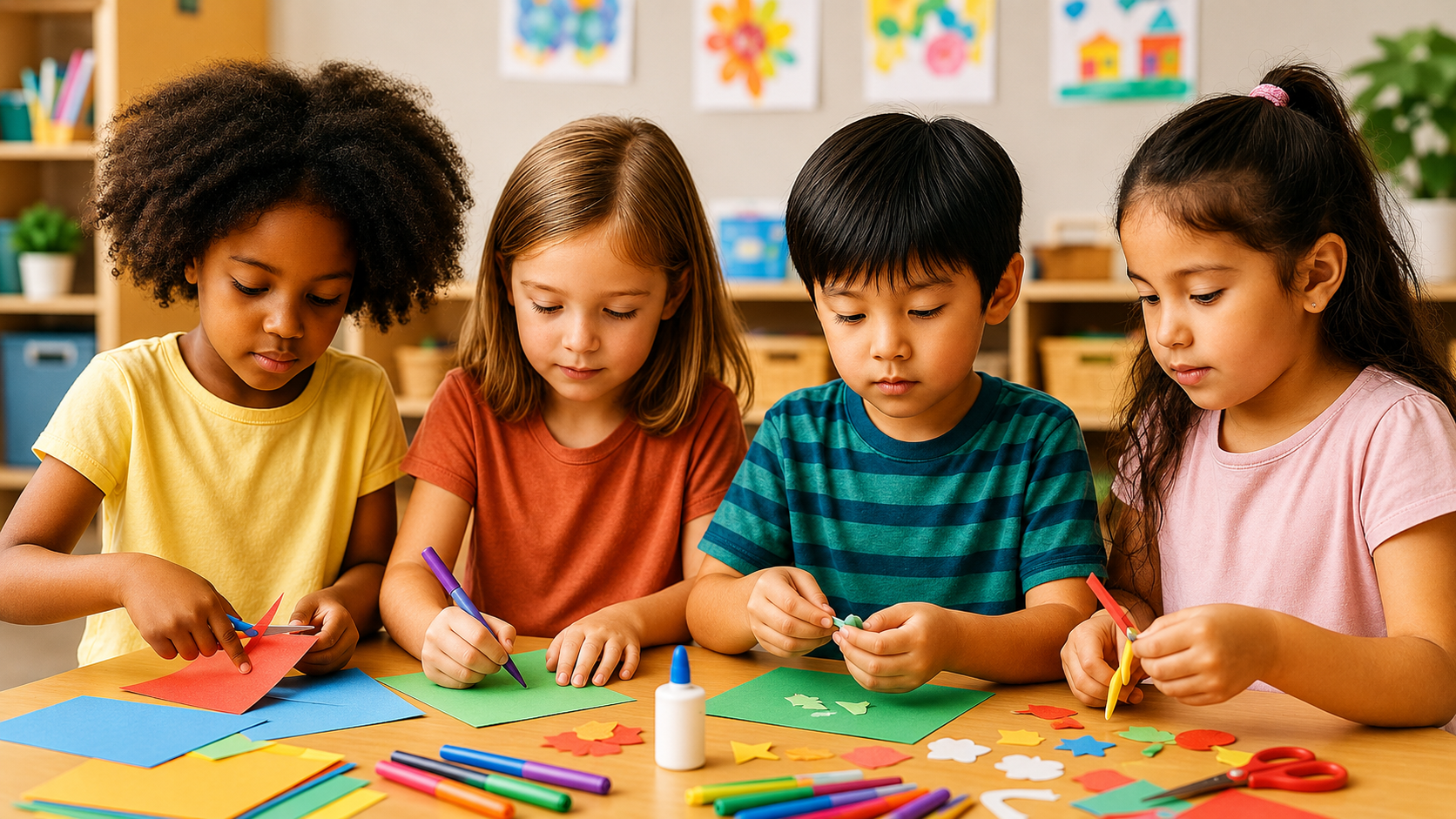 Four children sit at a table engaged in arts and crafts, cutting colored paper into shapes. They are surrounded by markers, scissors, glue, and paper on a classroom table, with colorful drawings hung on the wall in the background.