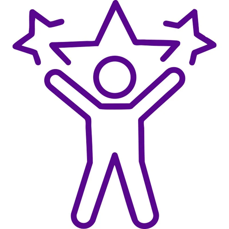 Line drawing of a person with arms raised, surrounded by three star shapes.
