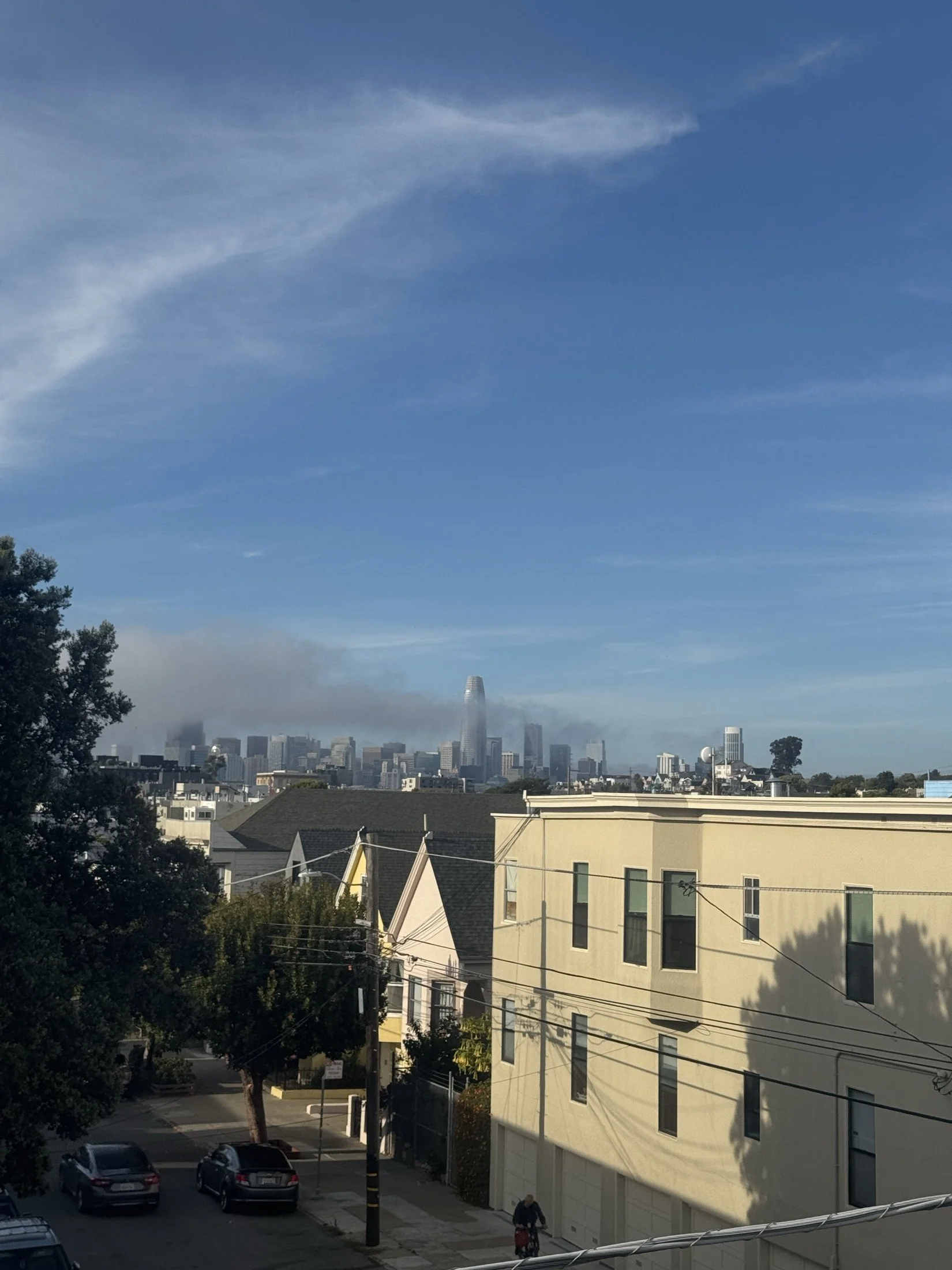 A city skyline with tall buildings, with a layer of fog or low clouds near the ground. Residential houses and trees are in the foreground, with cars parked on the street and a person riding a bicycle.