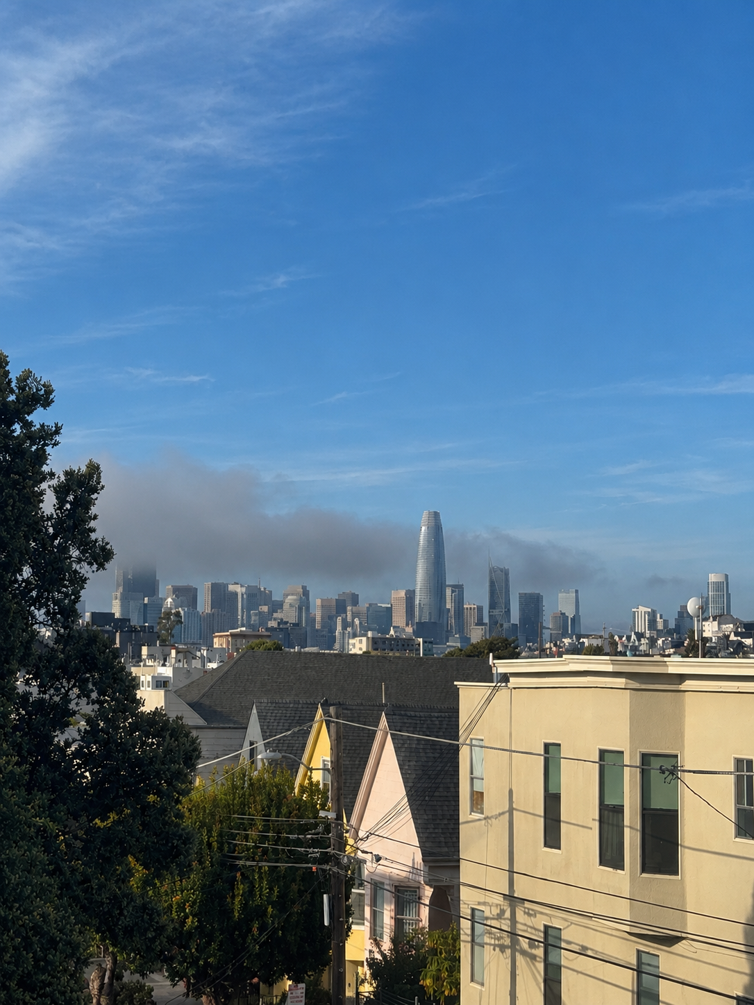 San Francisco city skyline with Salesforce Tower under a partly cloudy blue sky, foreground includes residential houses and trees.