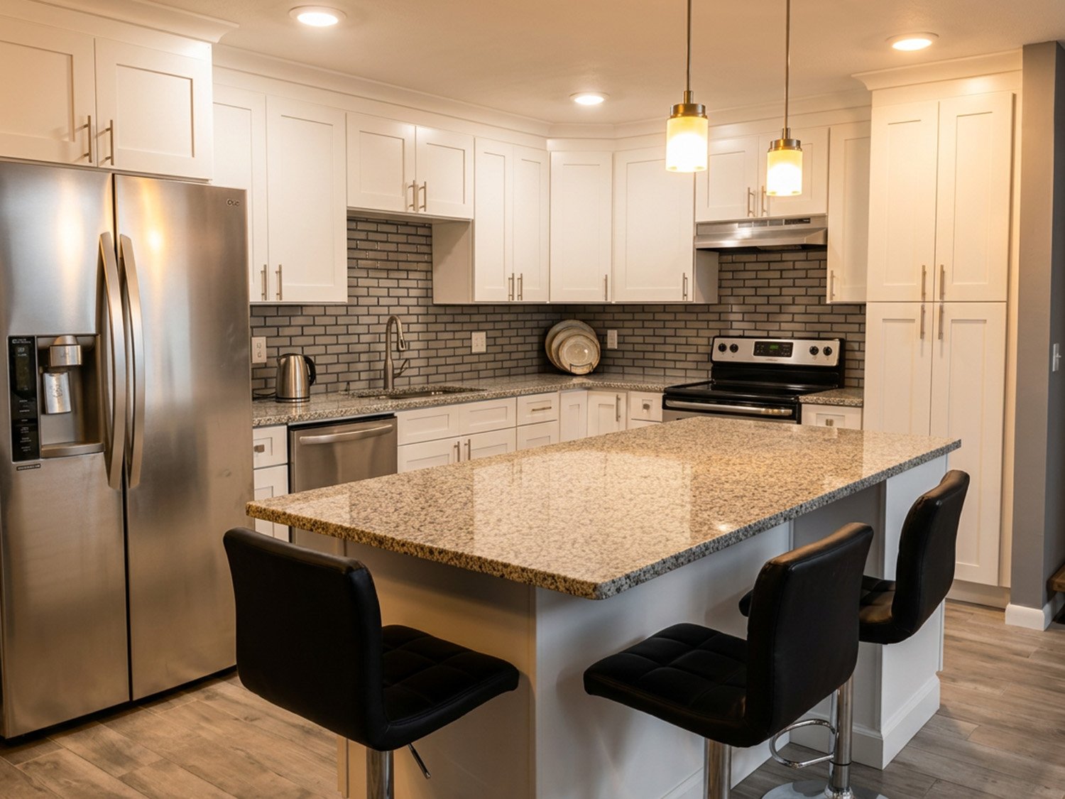 Modern kitchen with white cabinets, stainless steel appliances, a granite island with four black chairs, pendant lighting, and gray brick backsplash.