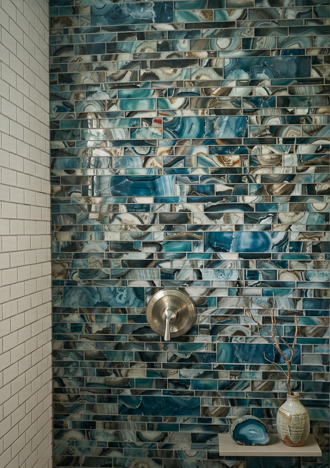 Bathroom shower with a blue and gray marbled tile wall, a silver shower control, a small shelf with a vase holding a dried plant and a blue geode stone.