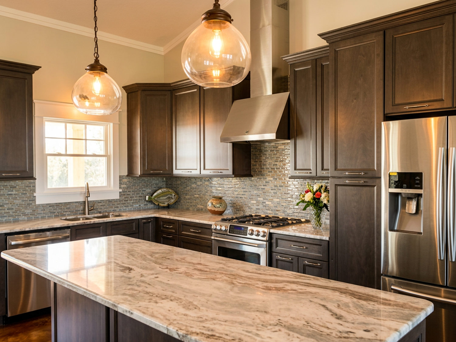 Modern kitchen with granite countertops, dark wooden cabinets, stainless steel appliances, two pendant lights, a window, a flower arrangement, a fish sculpture, and a backsplash of small tiles.