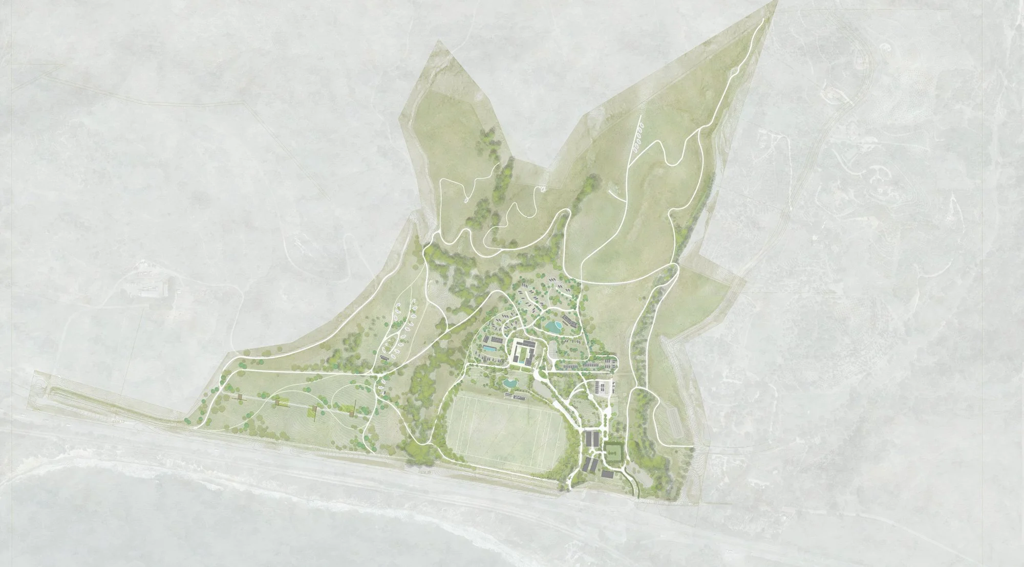 A detailed map of a large park or campus with pathways, green areas, trees, water features, and various buildings.