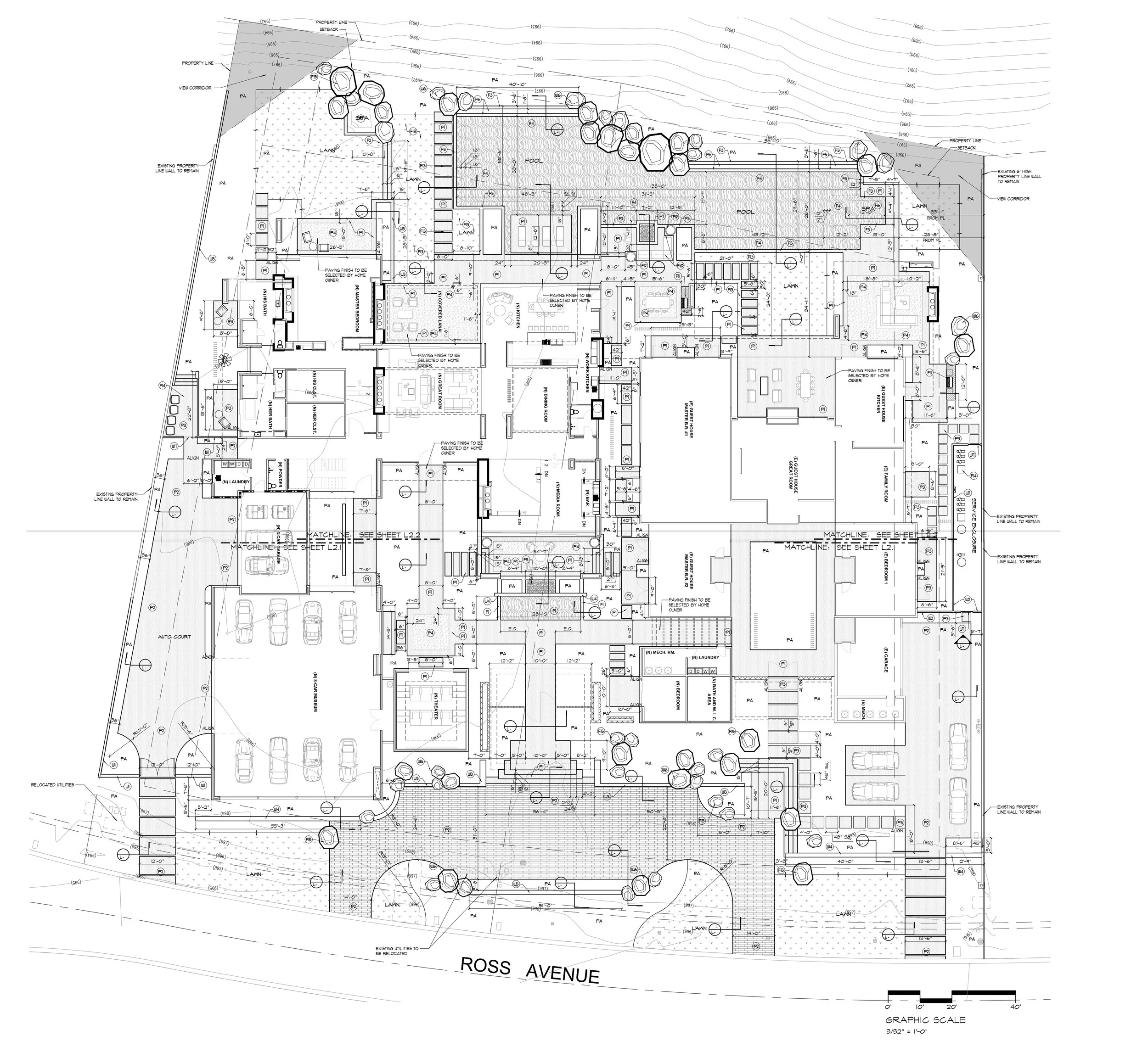 Architectural blueprint of a residential property showing house layout, pool, landscaping, parking area, and property boundaries.