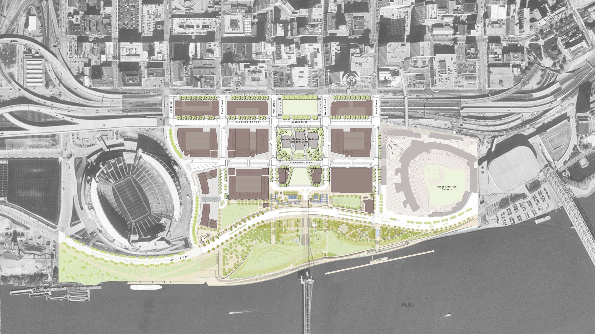 A detailed plan of an urban and parks development area of Cincinnati at the Ohio Riverfront - illustrated with tall skyscrapers, a river, and a significant new green park with walking paths and trees along the riverbank.