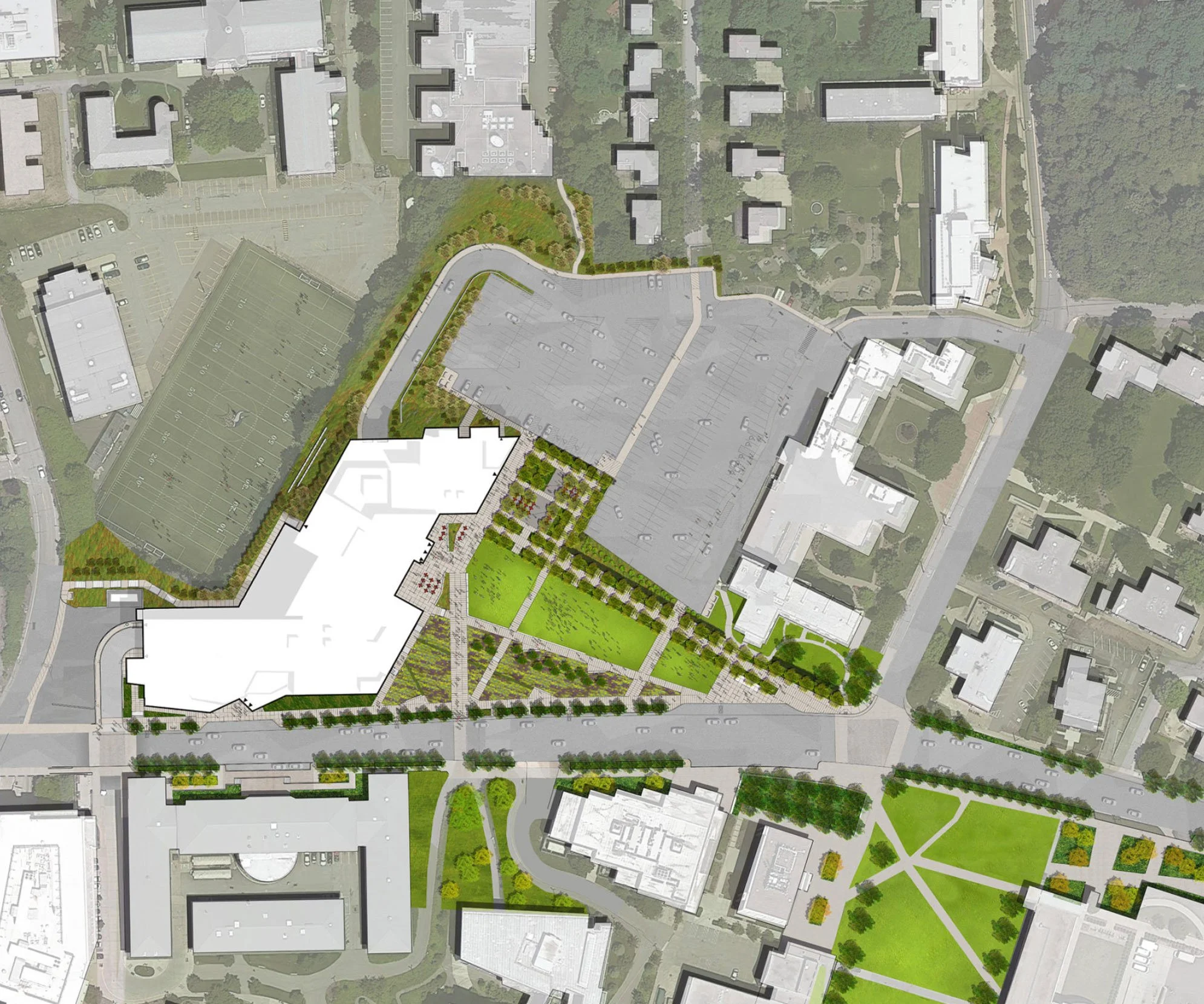 Aerial view of an urban area showcasing a large parking lot, green spaces, pathways, trees, and nearby buildings, possibly a campus or business complex.