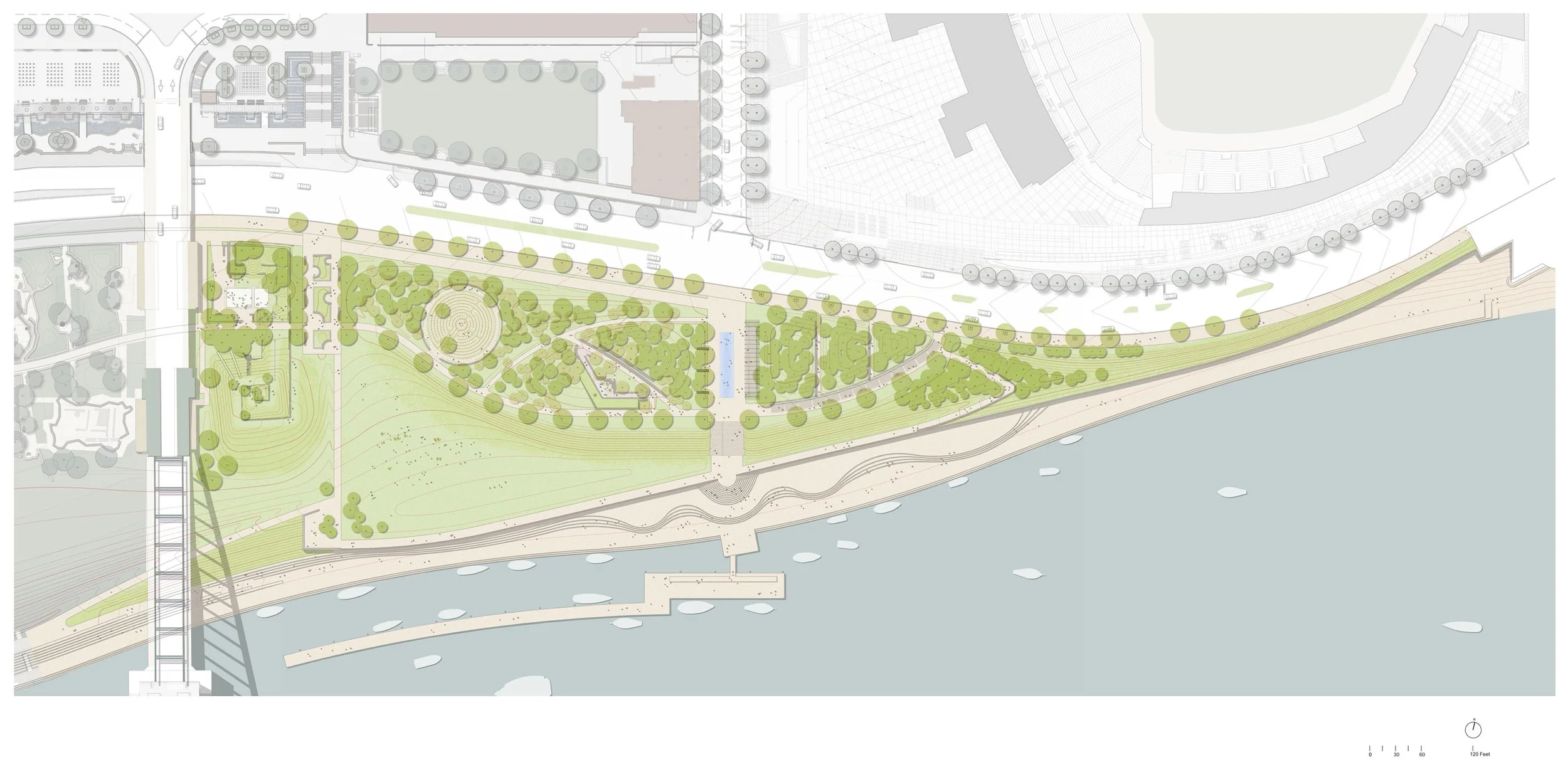 A detailed site plan of a park adjacent to a river, featuring green areas, pathways, trees, and a waterfront promenade with boats docked along the shore.