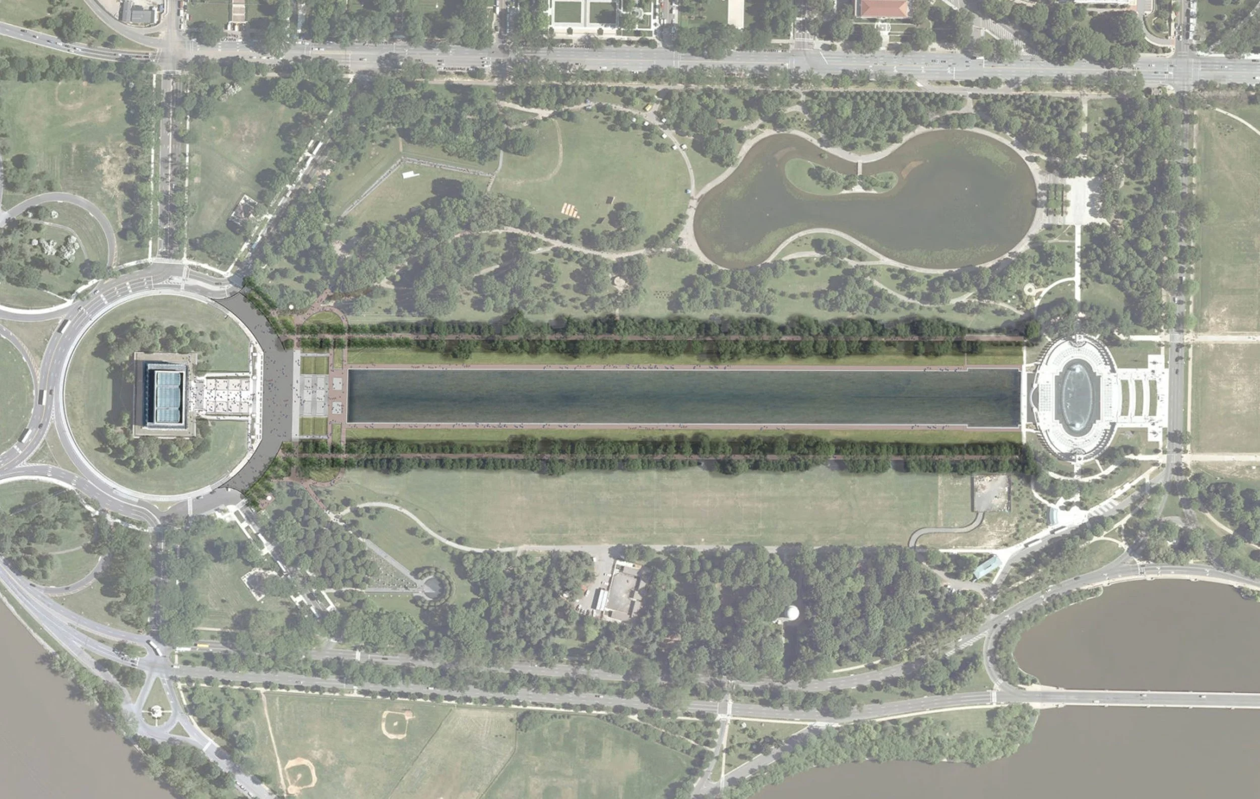Aerial view of a large park with a lake, walking paths, and green open spaces surrounded by trees and urban infrastructure.