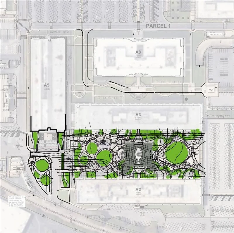 Landscape architectural concept sketch plan for a large campus site with pathways, green areas, and trees surrounding multiple office buildings, with parking lots and streets surrounding the development.