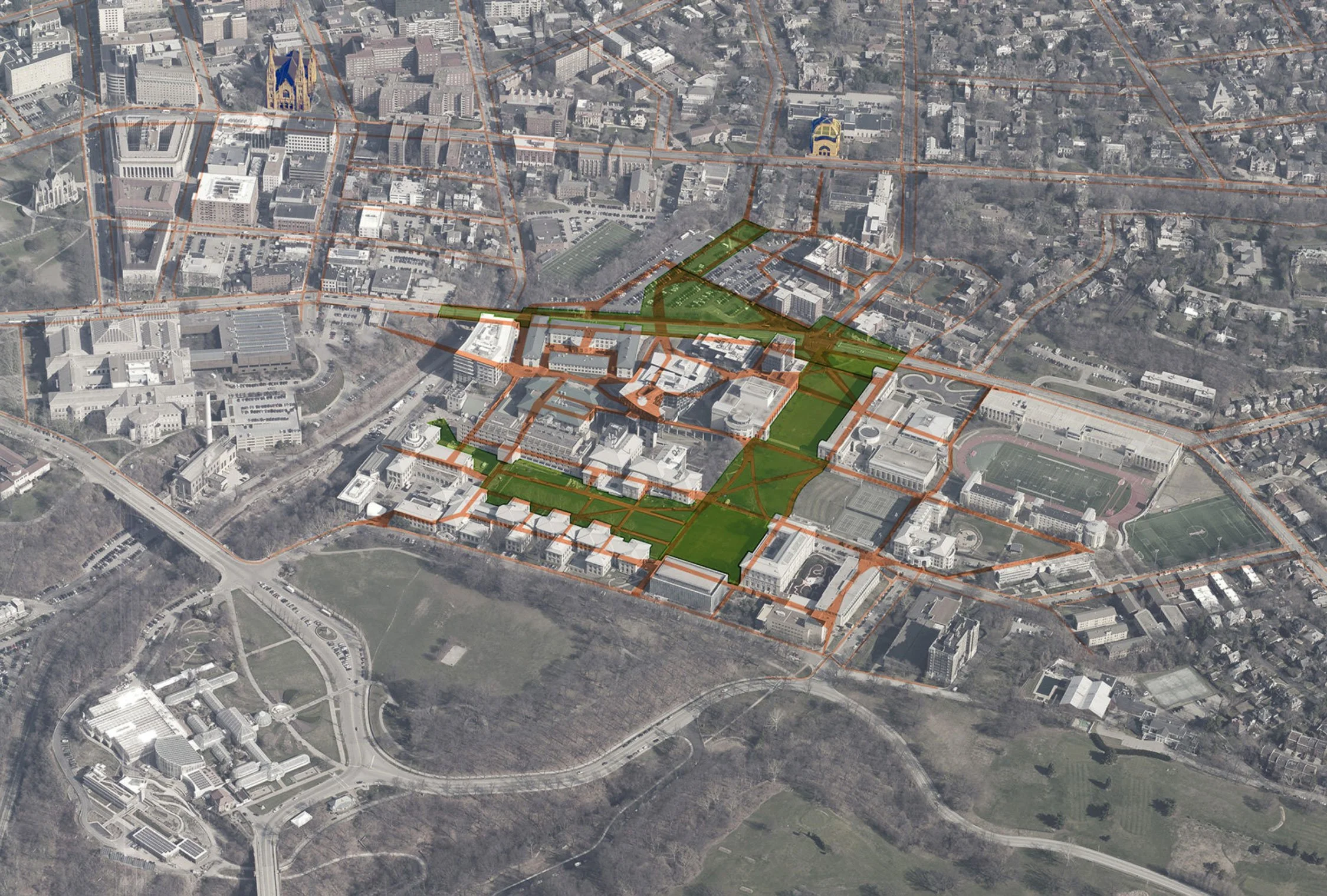 Aerial view of a city with overlay of green and brown lines and shapes indicating urban planning or development areas.
