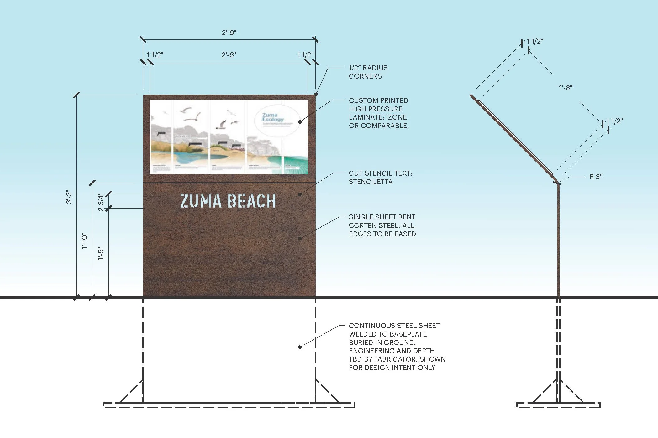 Technical drawing of a sign with measurements and design specifications for welcome signage, including a photo of a landscape with birds and water, and text "ZUMA BEACH".