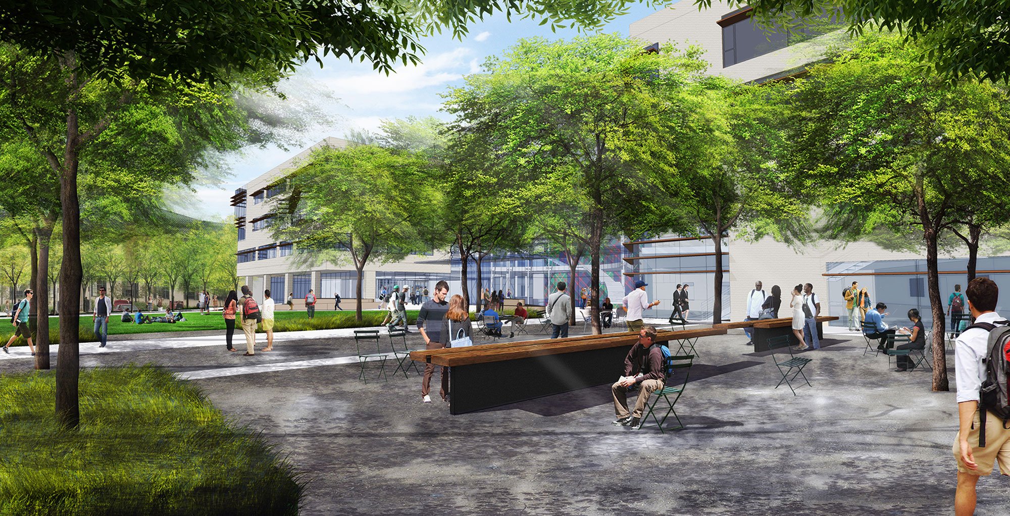 A busy urban park scene with people walking, sitting on benches, and socializing surrounded by tall green trees and modern buildings in the background.