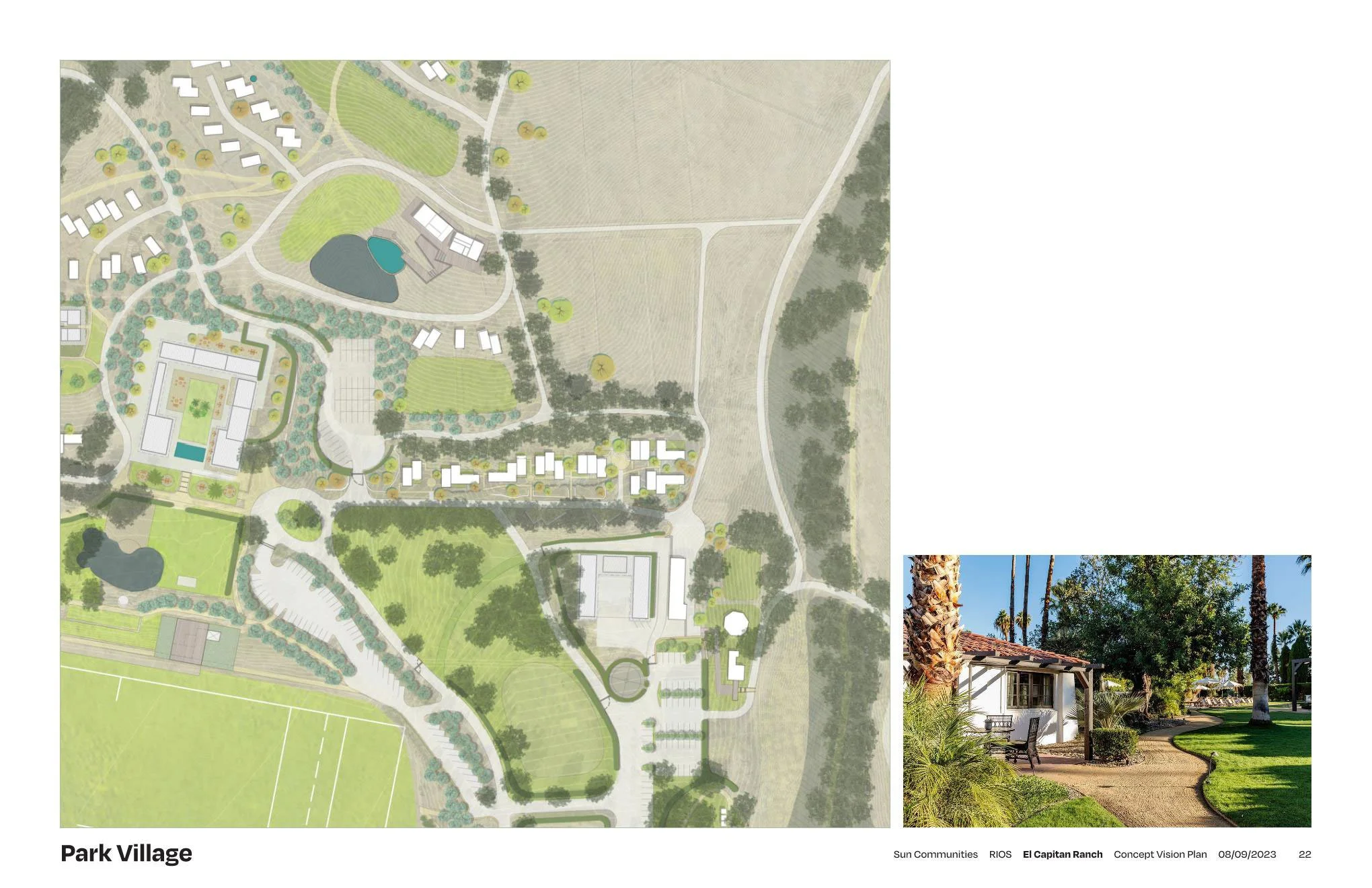 A detailed site development plan for Park Village showing landscaped areas, pathways, water features, residential buildings, and surrounding natural environment.