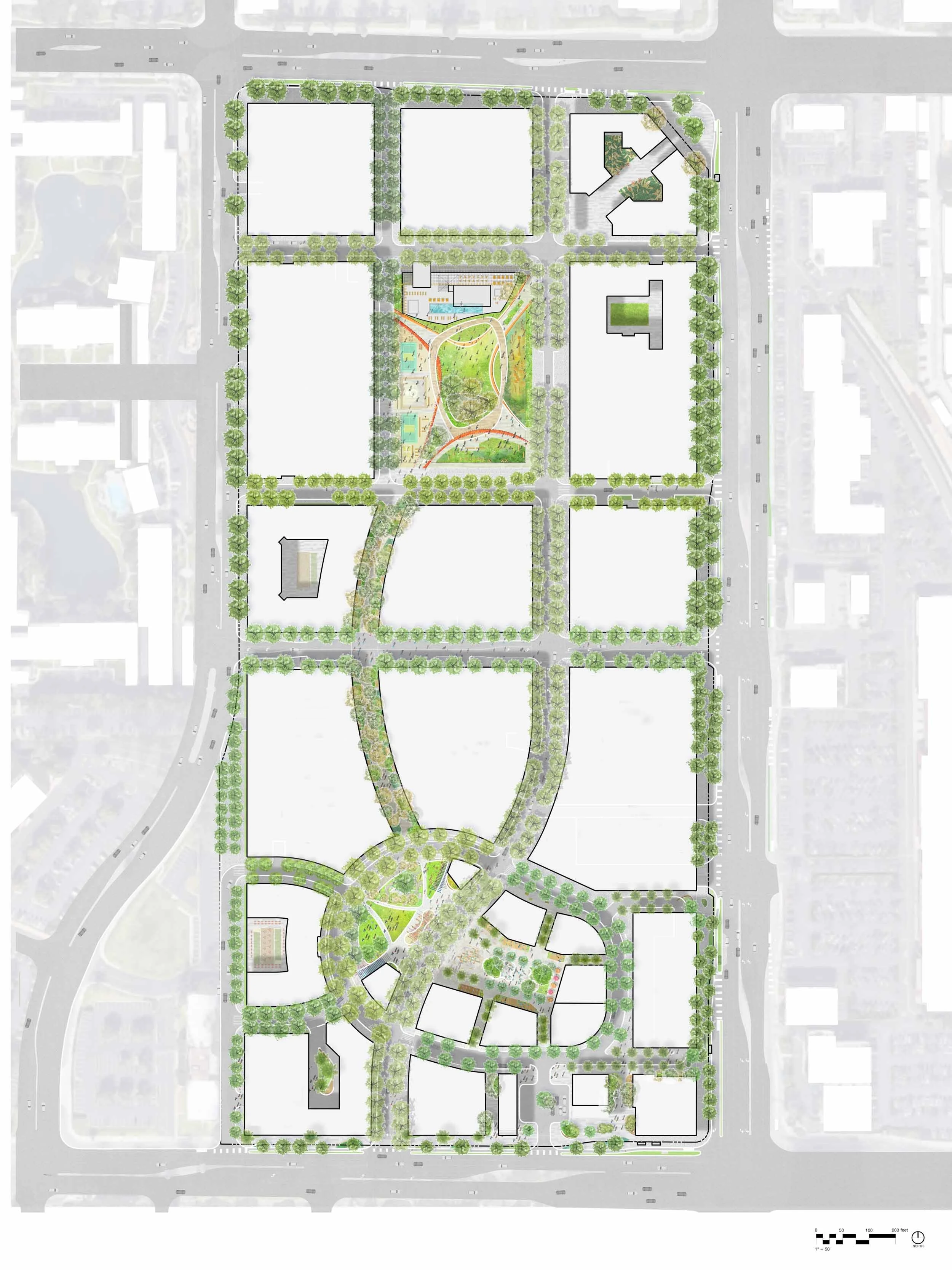 A proposed master plan for an urban development project shows several landscaped areas, pathways, and multiple buildings outlined in black, with green trees surrounding the site and streets on all sides.