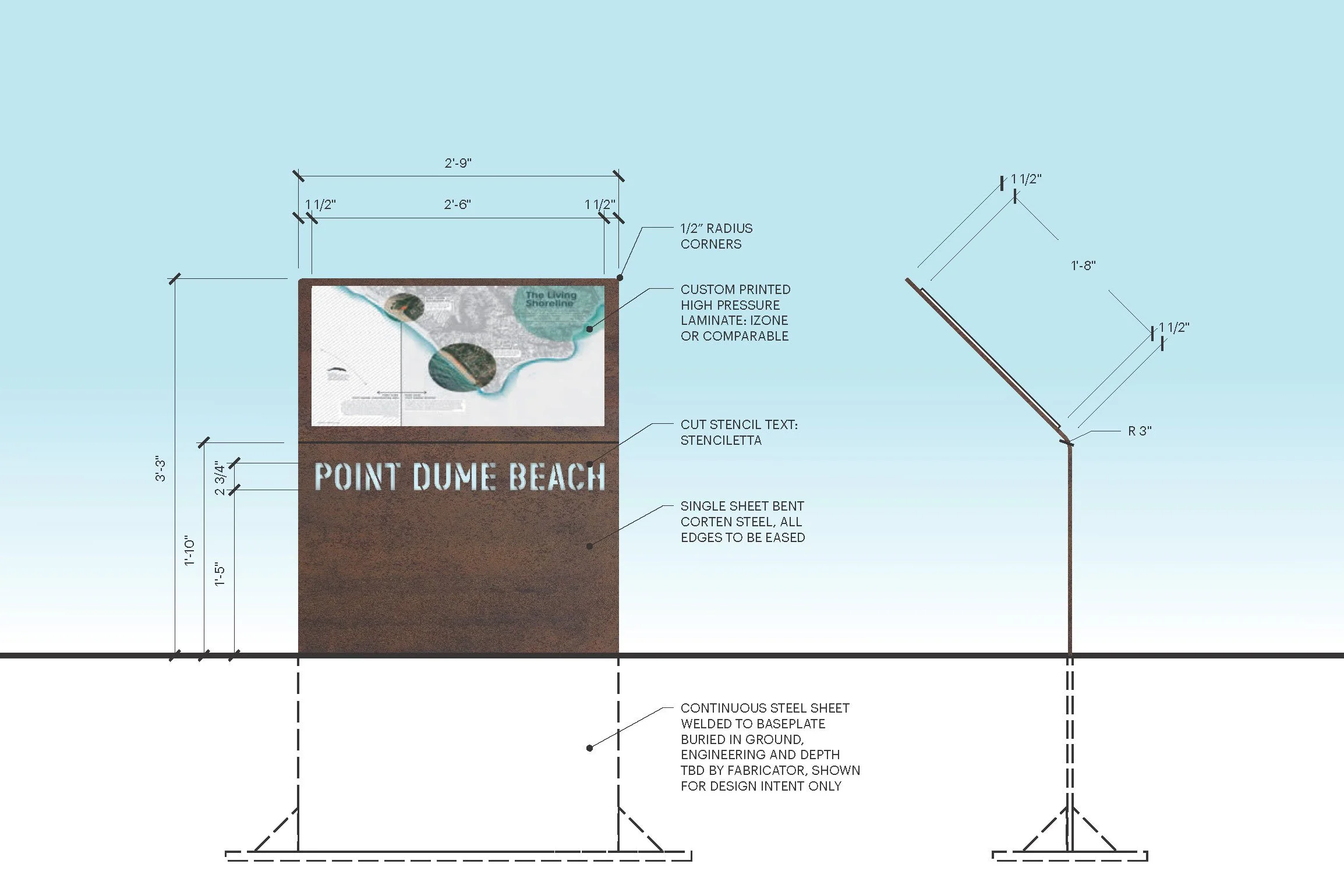 Blueprint drawing of a sign for Point Dume Beach with measurements and design notes.