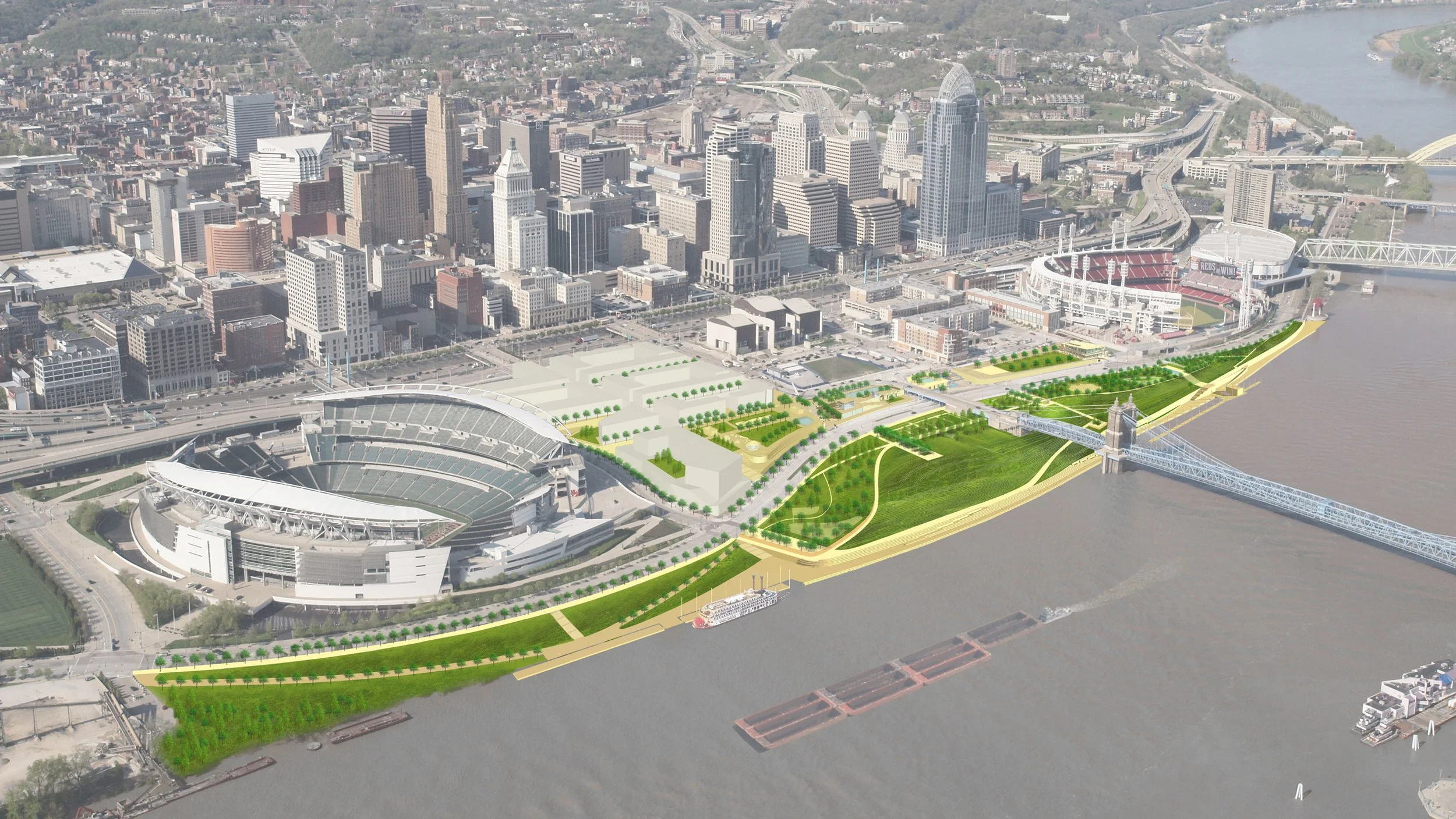 Aerial view of the Cincinnati skyline at the Ohio Riverfront - illustrated with tall skyscrapers, a river, and a significant new green park with walking paths and trees along the riverbank.