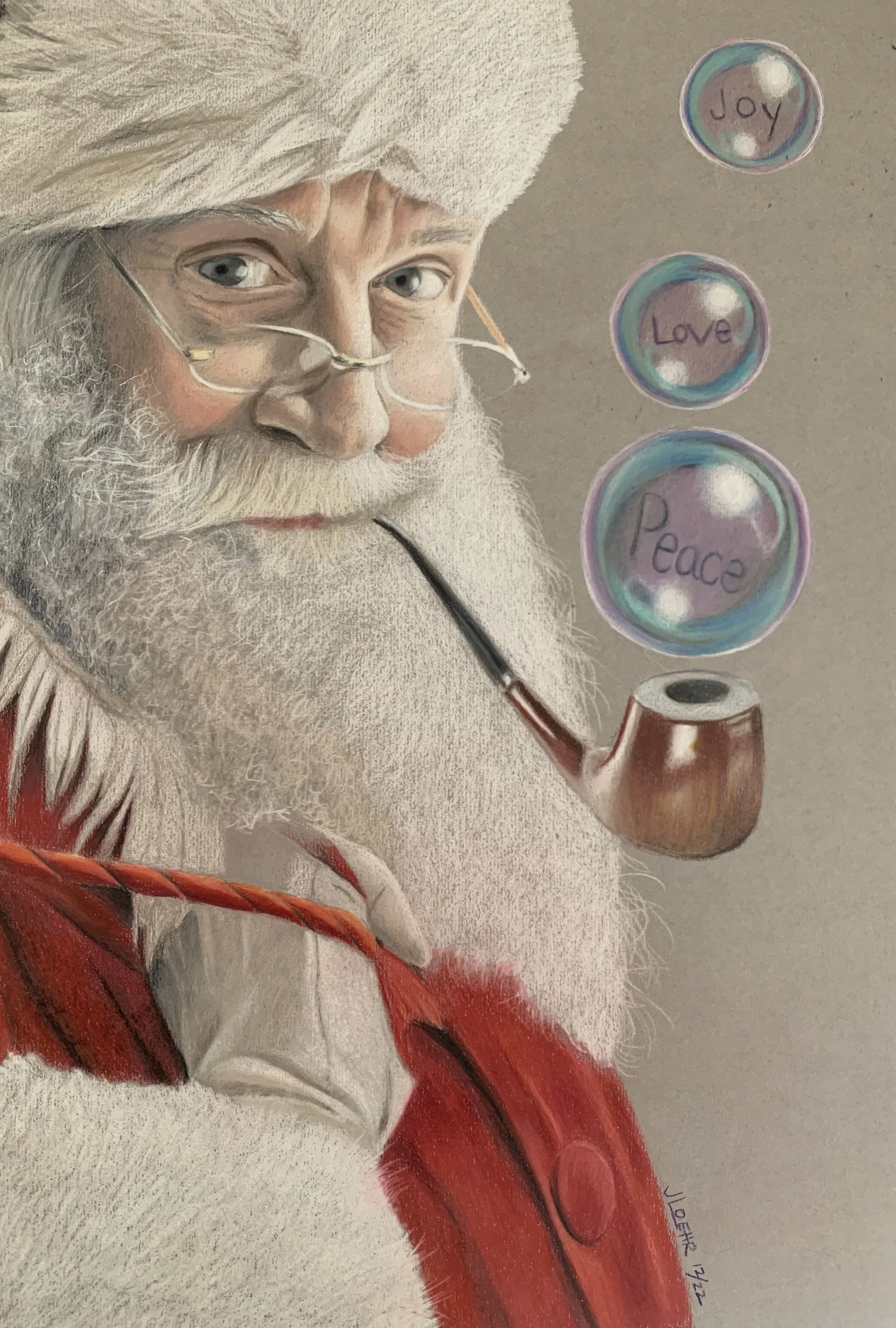 A detailed colored pencil drawing of Santa Claus with a long white beard, wearing a red coat, and holding a smoking pipe. To the right, three colorful bubbles with words inside: "Joy," "Love," and "Peace."