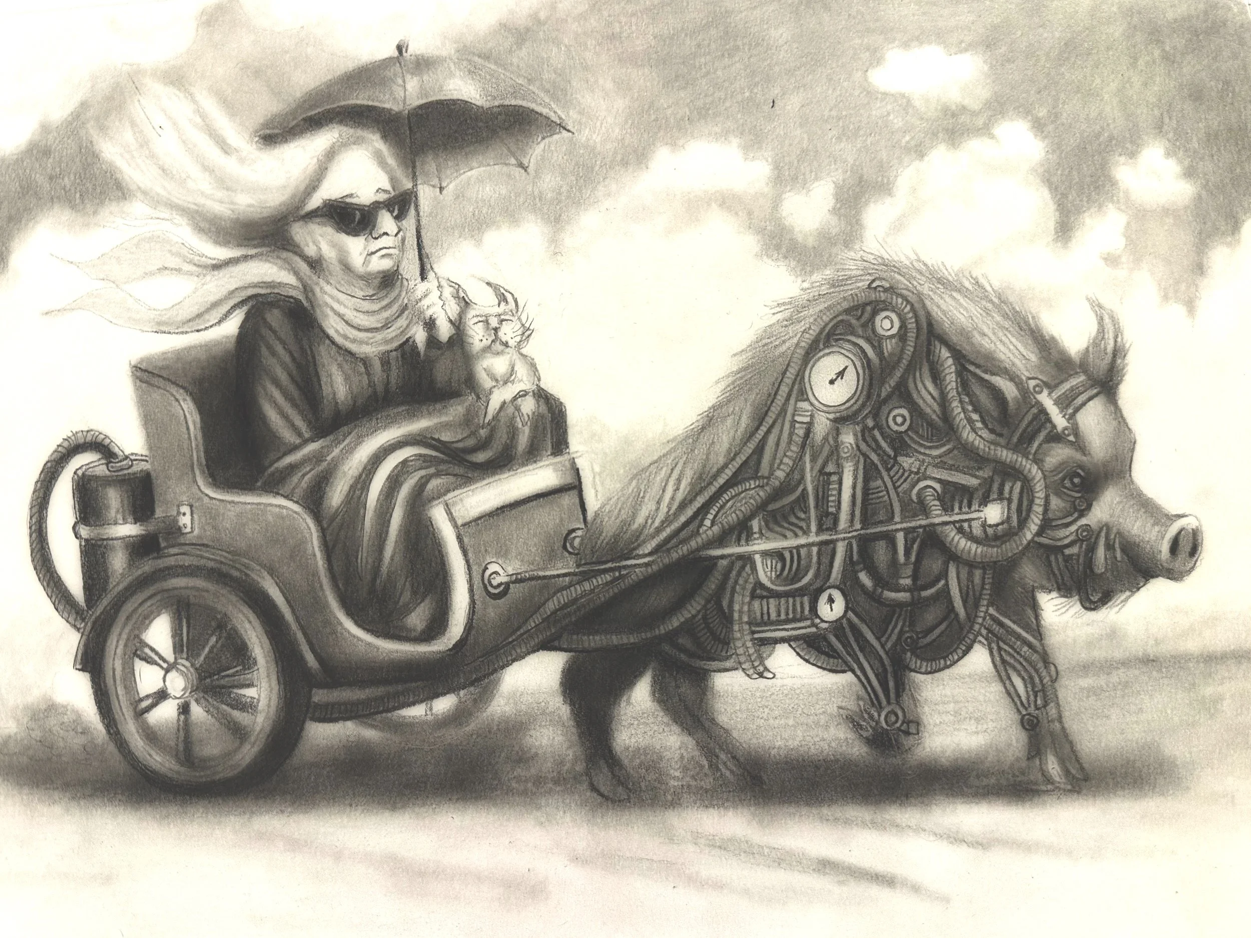 A detailed pencil sketch of a person sitting in a modern, futuristic motorized vehicle with mechanical and electronic components visible, set against a cloudy sky background.