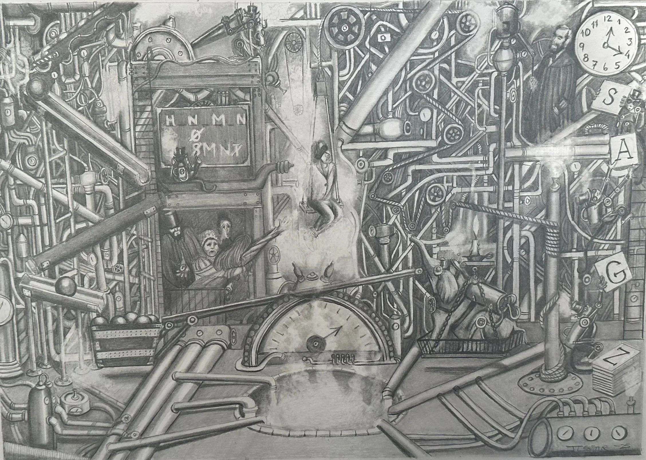 A detailed black-and-white illustration of a complex machine or industrial system with numerous pipes, gears, and mechanical components. There are human figures and clocks integrated into the design, creating a surreal, steampunk-inspired scene.