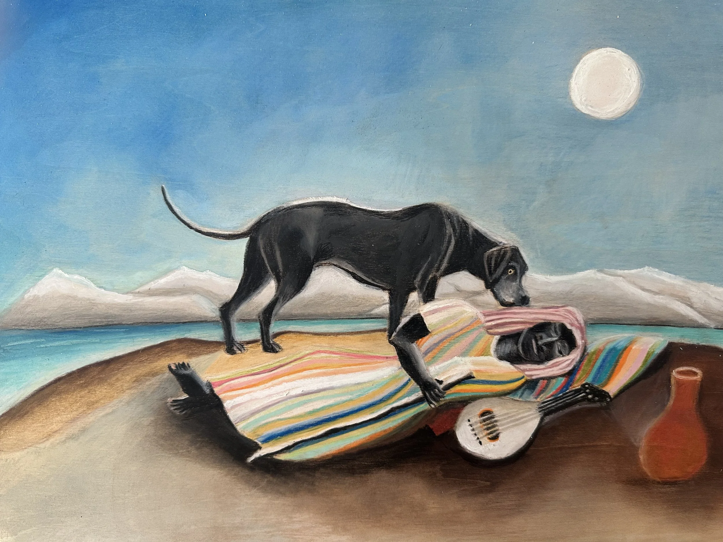A painting of a black dog walking on a rainbow-colored surfboard on a sandy beach with a blue sky and a moon in the background.