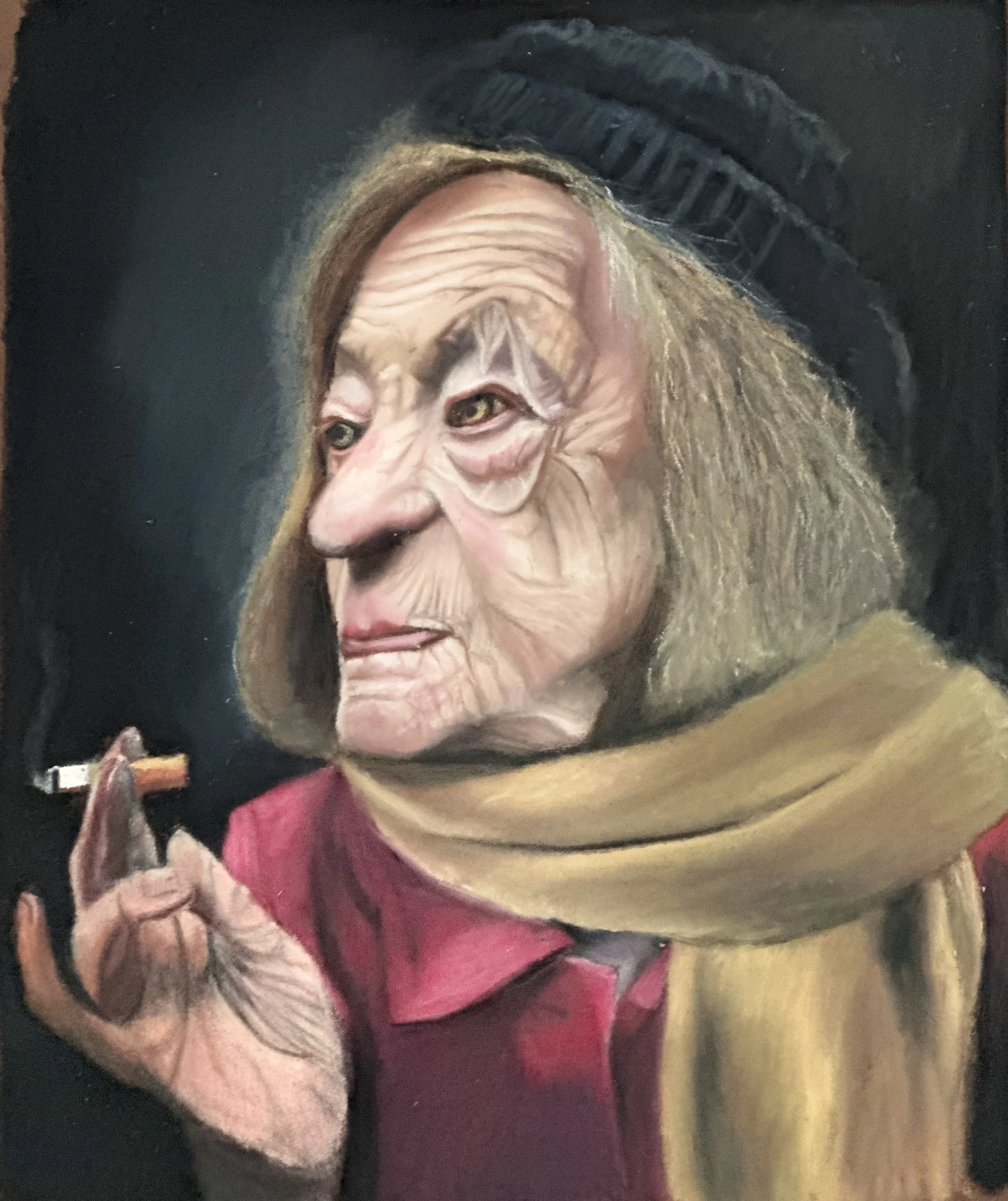 Close-up of a detailed portrait of an elderly woman with long, wavy hair, wearing a red scarf and a yellow top, against a dark background.