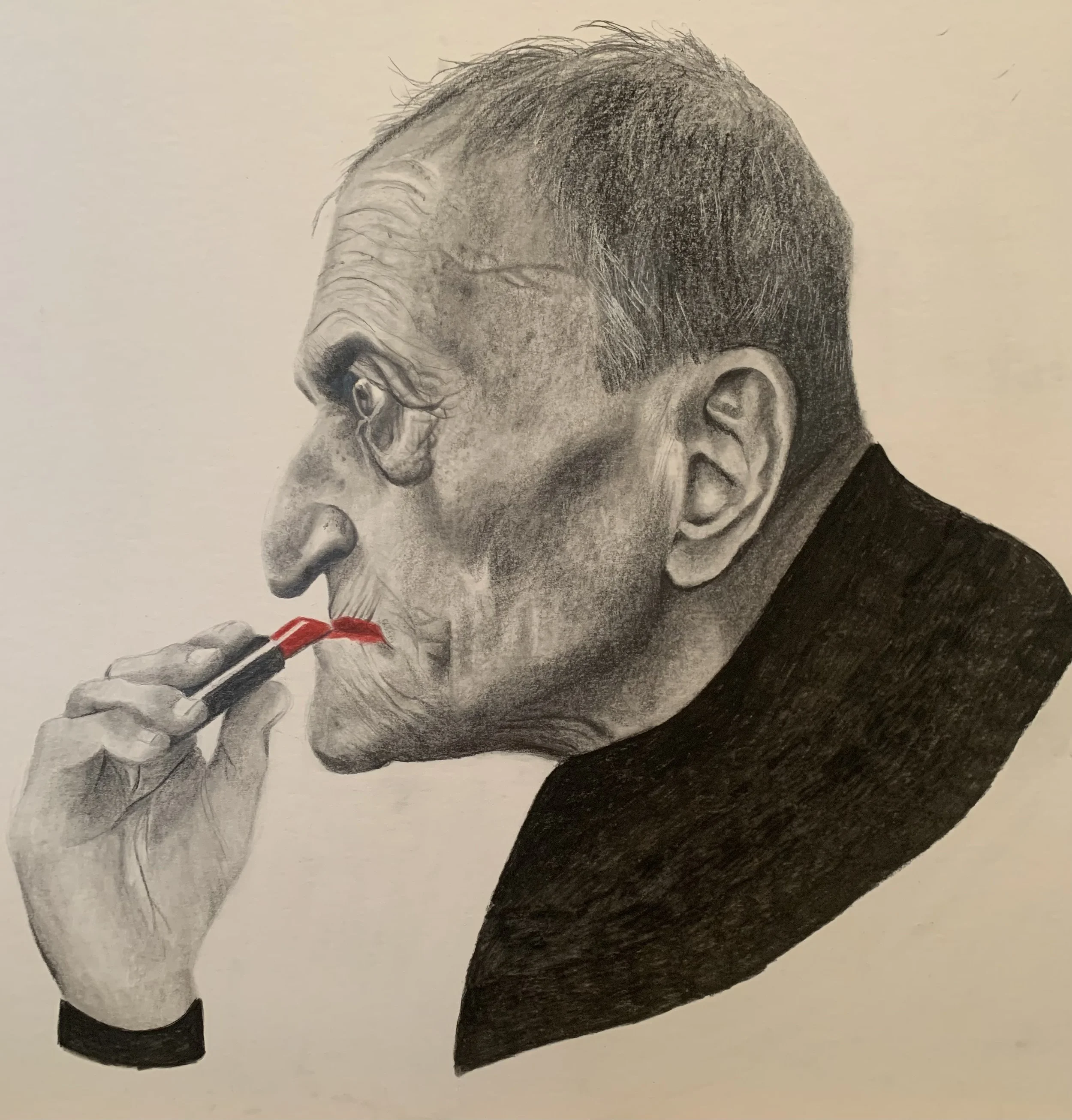 A detailed pencil sketch of a man with glasses, short hair, and a thoughtful expression, wearing a black shirt, and holding a red and black pen near his mouth.