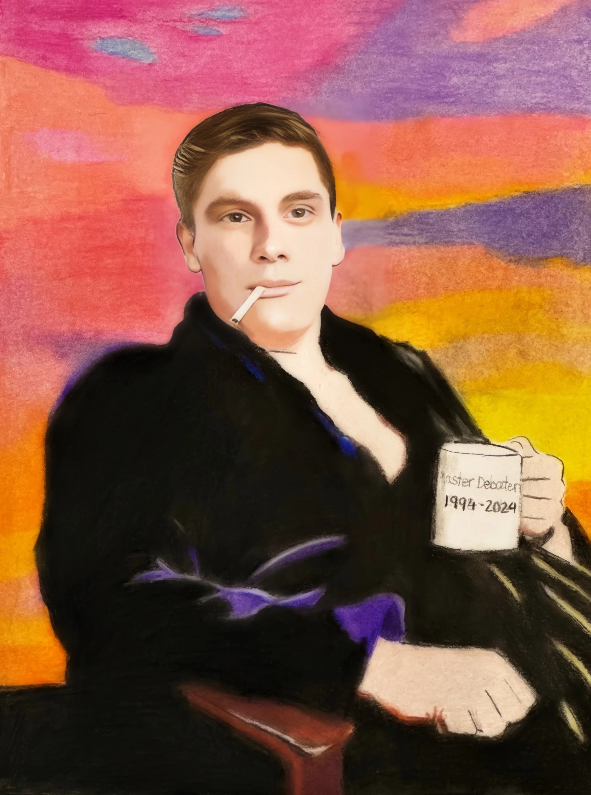 A drawing of a young man with brown hair, holding a mug and a cigarette in his mouth, with a colorful sunset background, and a monument plaque reading "Master Debaten 1994-2024".
