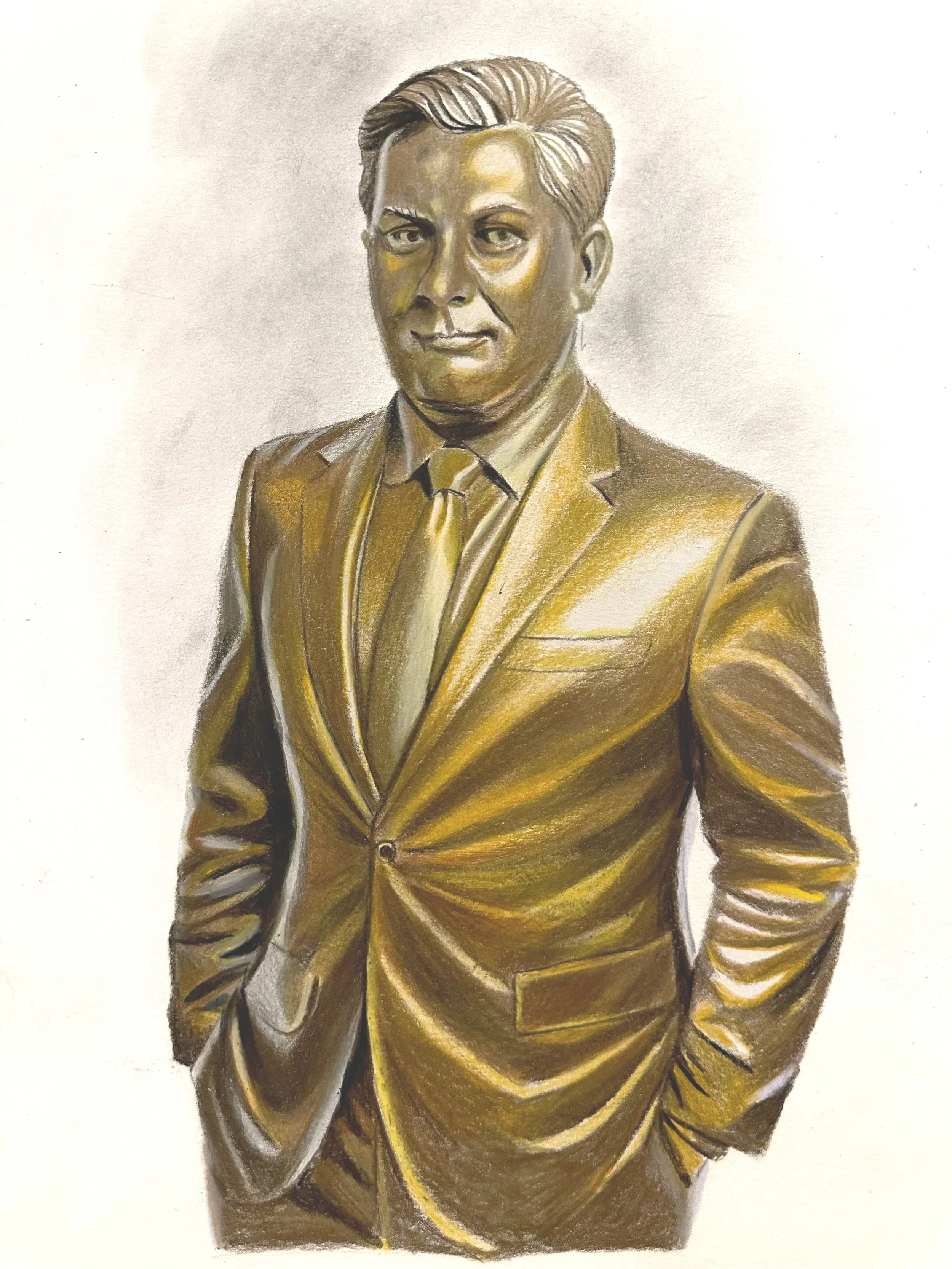 A colored drawing of a man in a tan suit with his hands in his pockets.