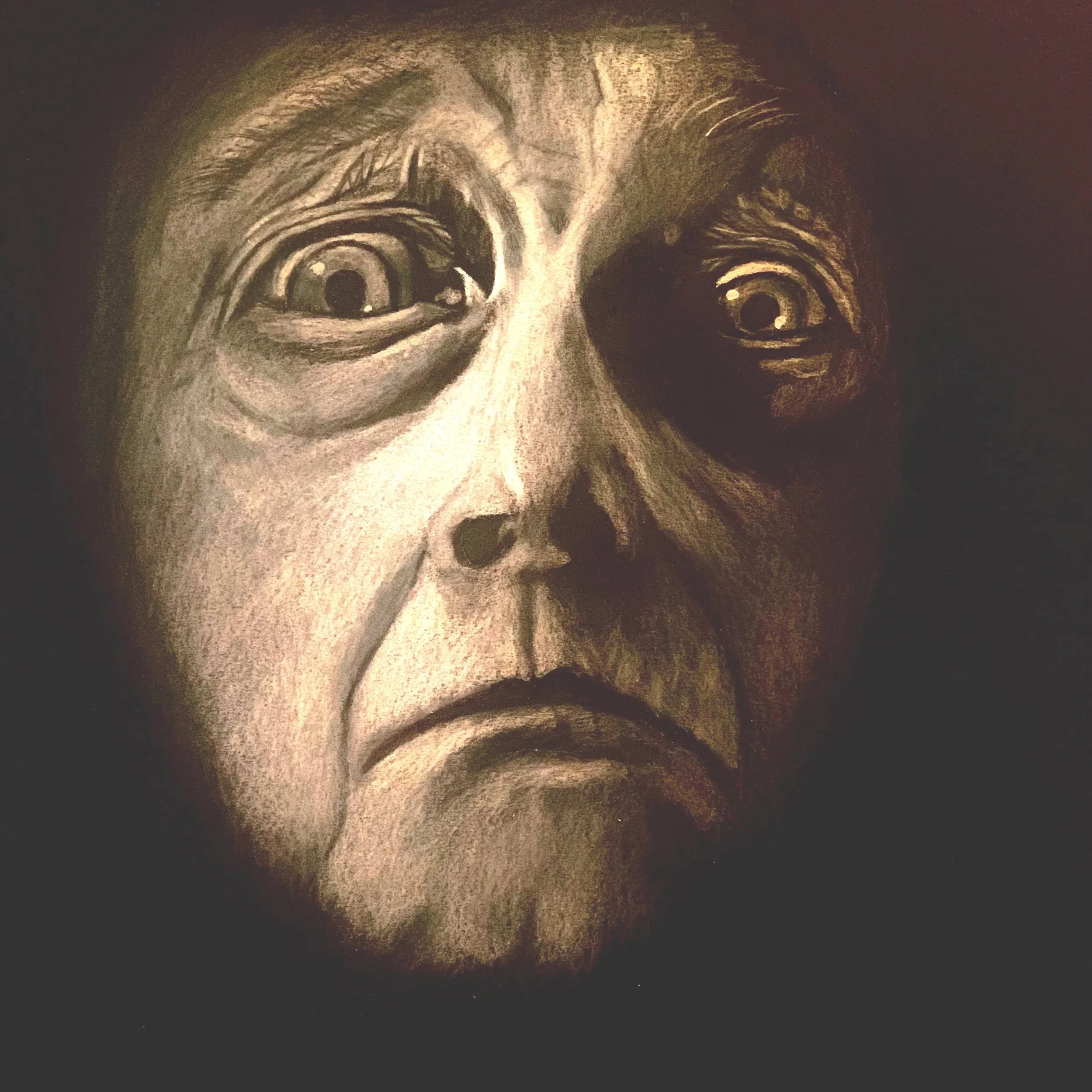 Close-up of a person's eyes with dark pupils, detailed eyelashes, and eyebrows, in a stylized, high-contrast drawing.