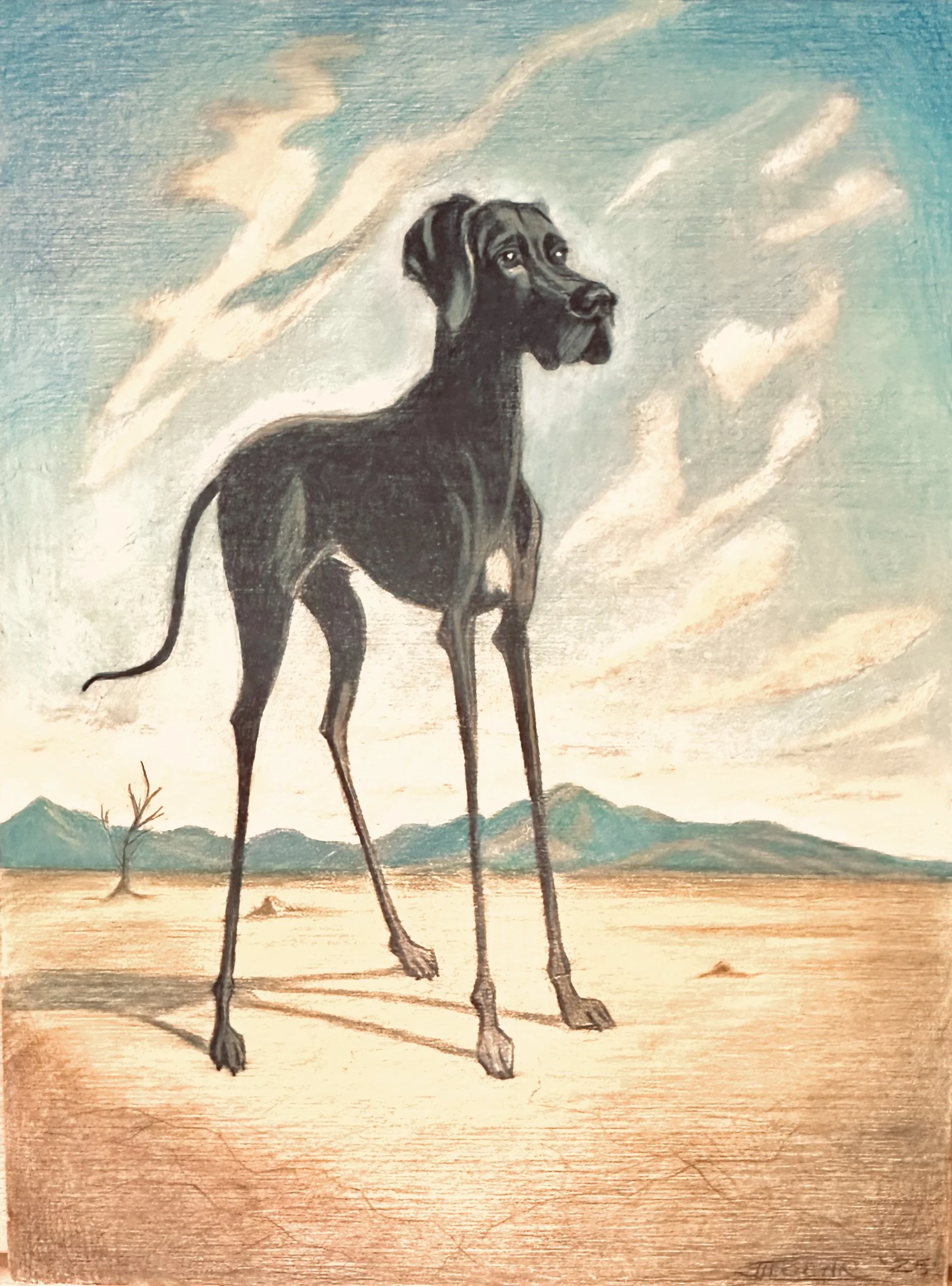 A painting of a giraffe standing in an open landscape with mountains and a cloudy sky.