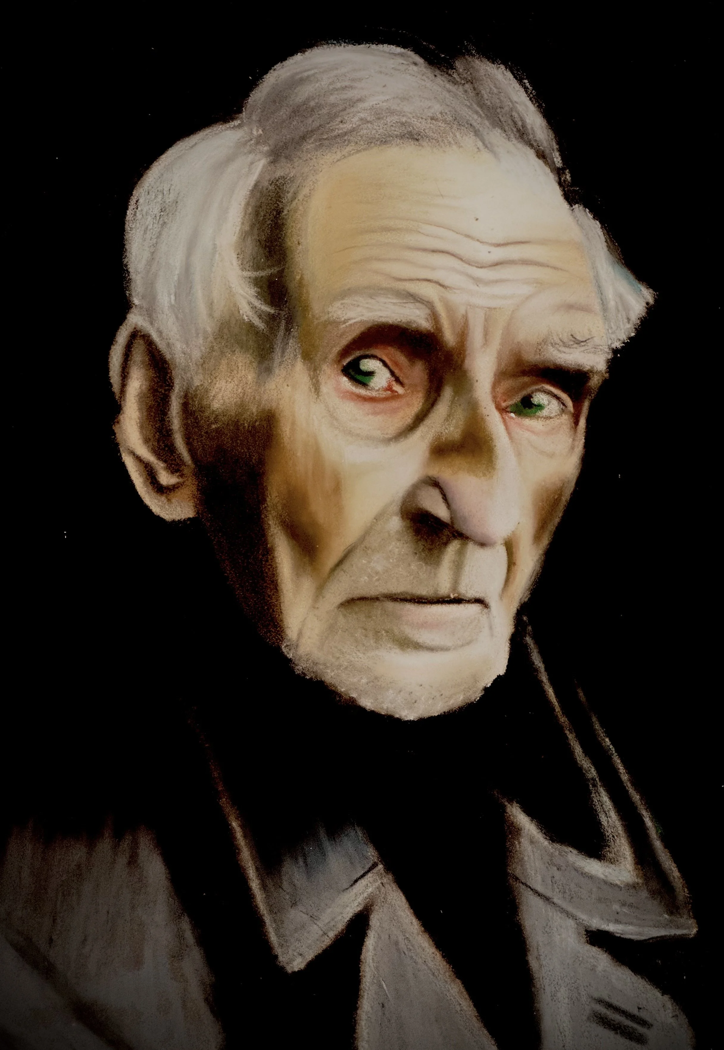 A detailed watercolor portrait of an elderly man with white hair, grey eyebrows, and blue-green eyes. The man has prominent forehead wrinkles and is wearing a dark jacket over a white shirt. The background is black.