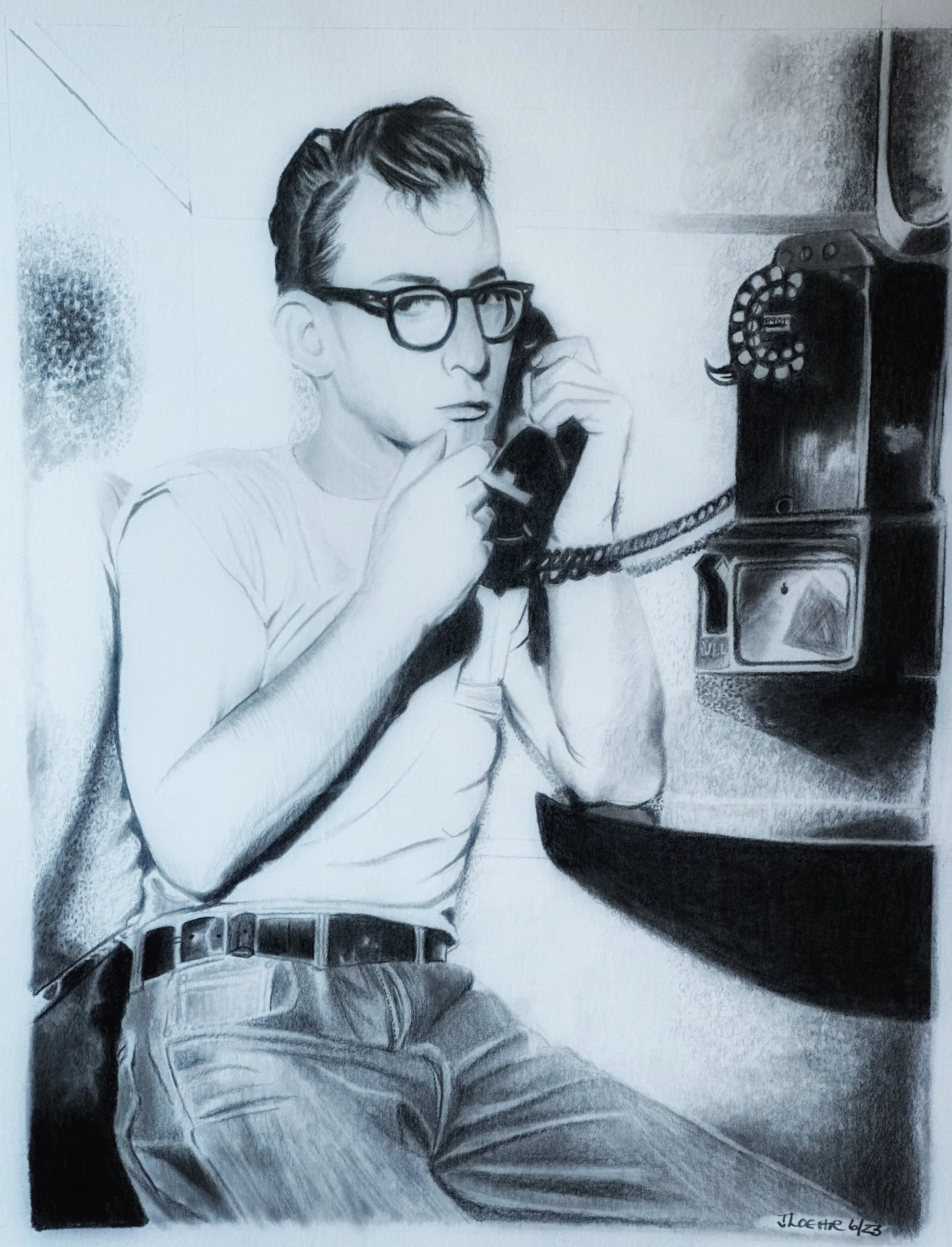A black-and-white pencil sketch of a young man with glasses talking on a vintage rotary phone. He is wearing a shirt with rolled-up sleeves, a belt, and has short, styled hair. He is seated, with a slight tilt to his head, and appears to be focused on the phone conversation. There is an old-fashioned radio or speaker on a table next to him, and the background is roughly sketched with minimal detail.