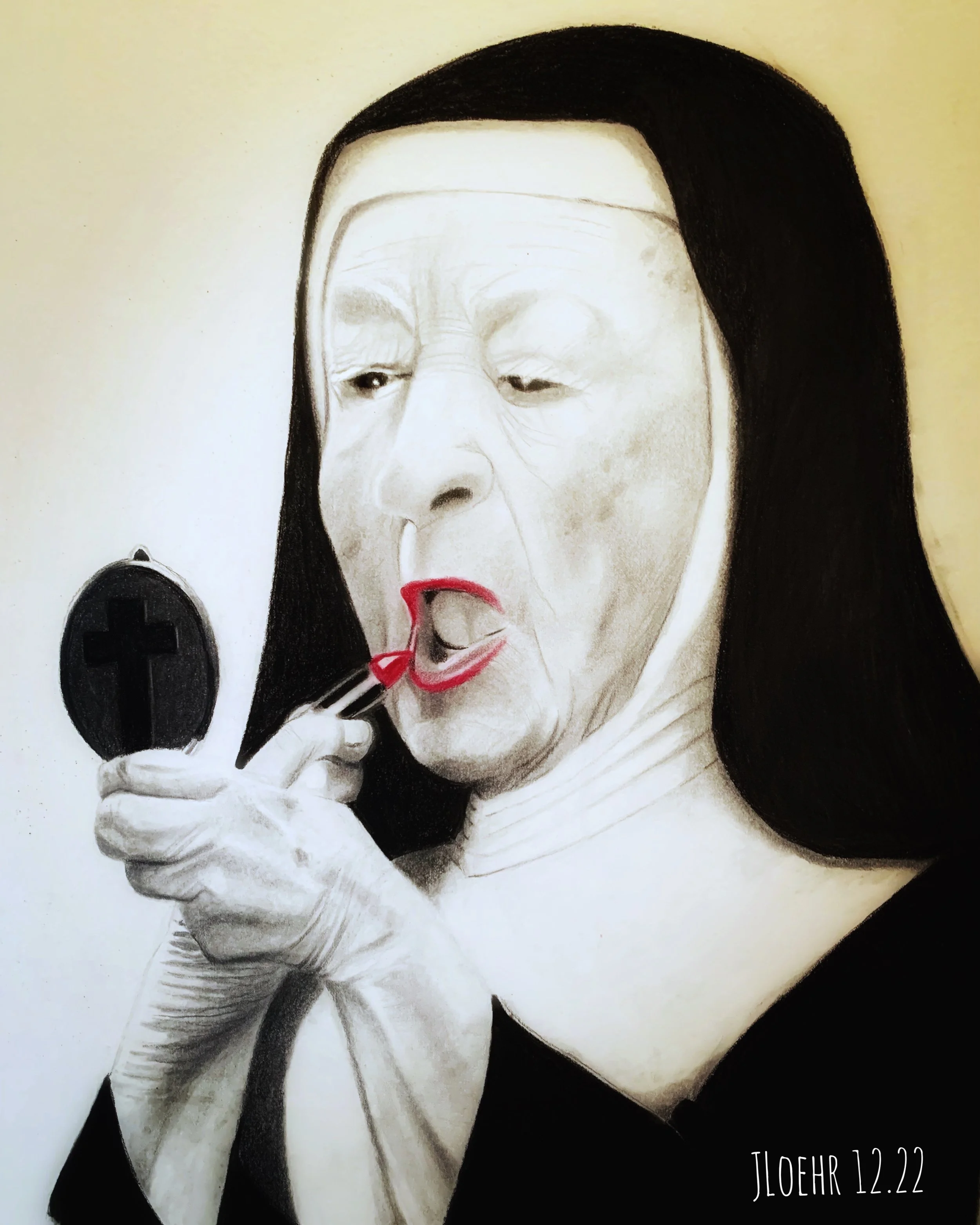 A black and white drawing of a woman smoking a cigarette, with bright red lips and red nail polish, wearing dark clothing and has long dark hair. There is a signature in the bottom right corner that reads 'JLOEHR 12.22'.
