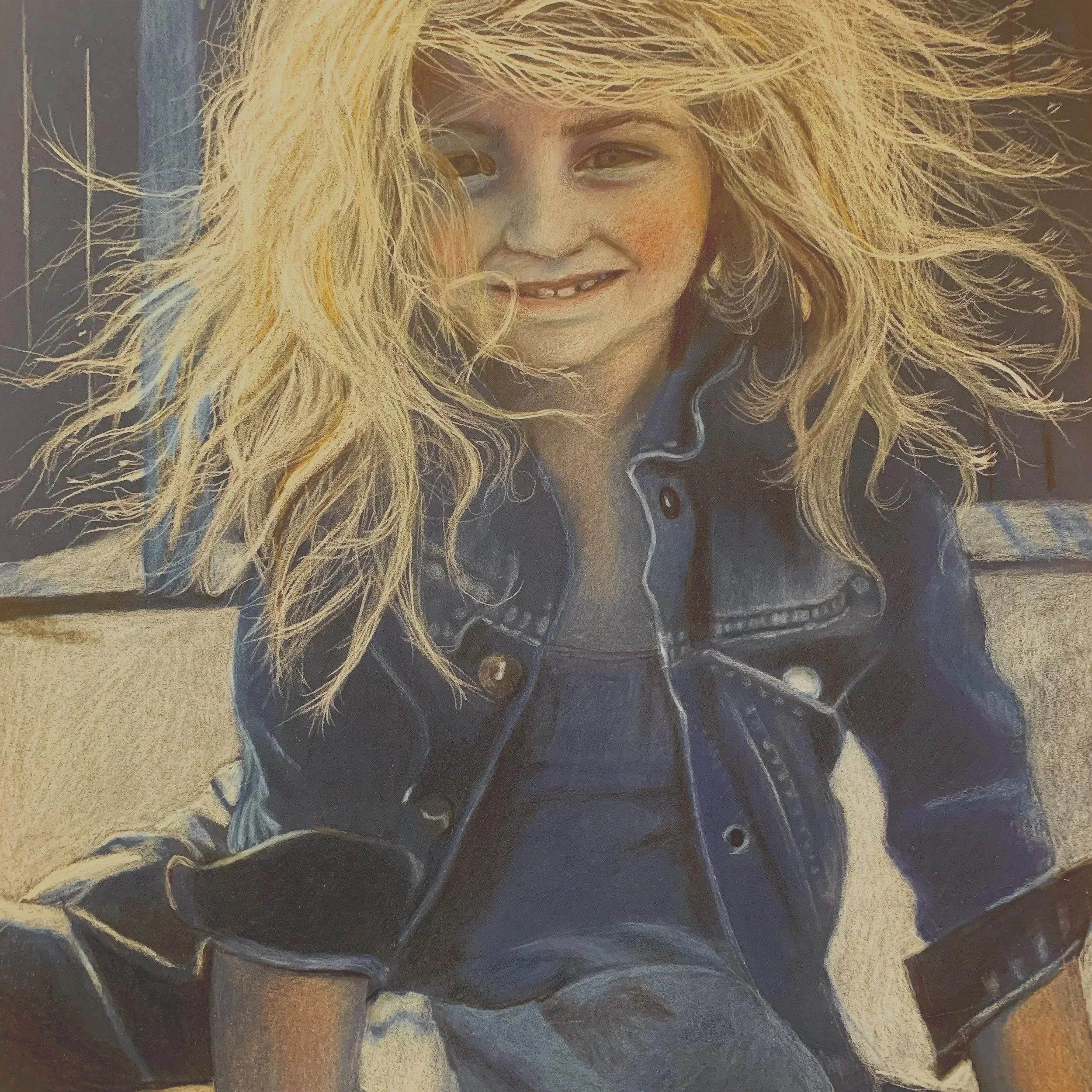 Close-up of a woman with long, blond, curly hair wearing a black leather jacket, smiling slightly.