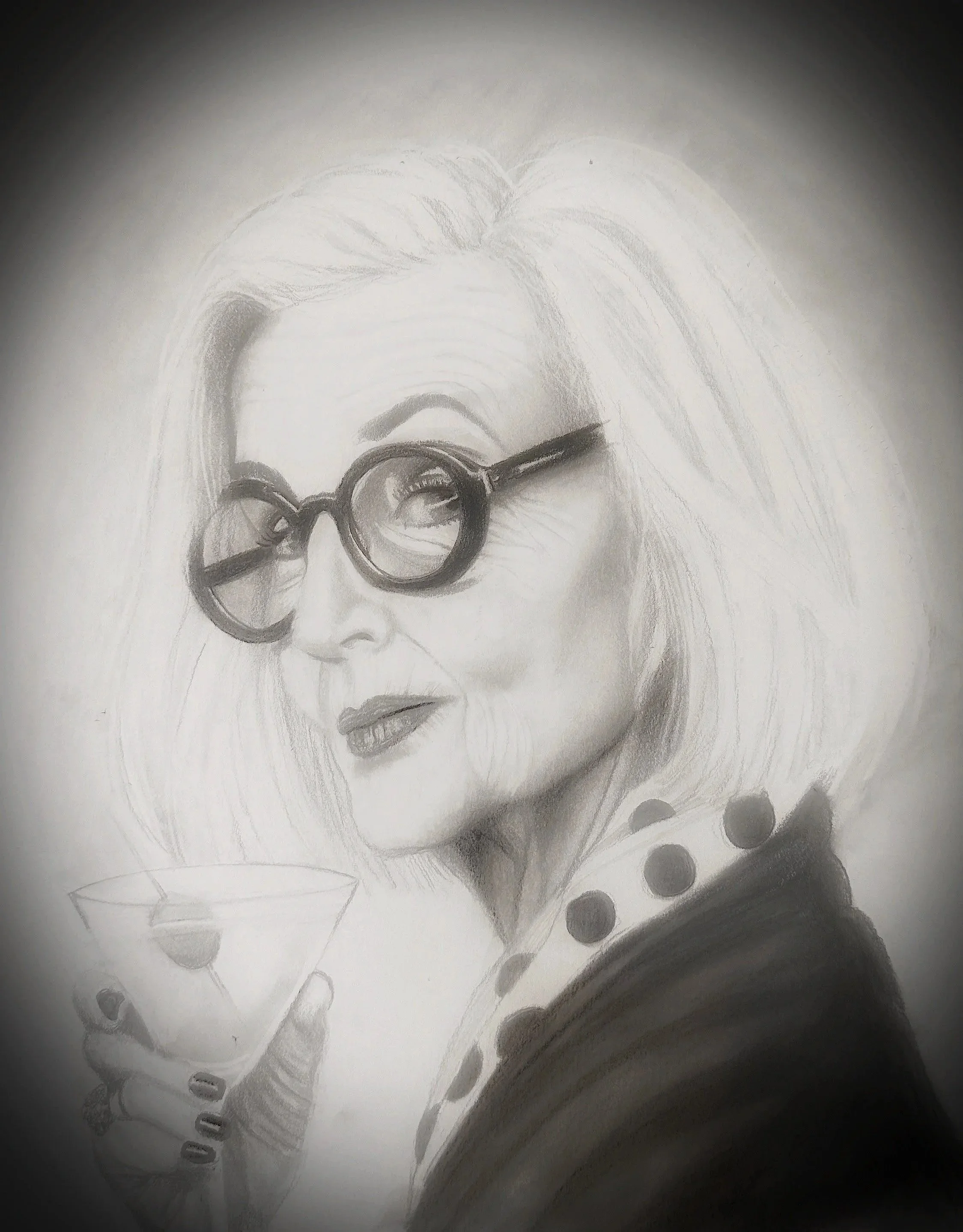 A pencil sketch of a woman wearing glasses, with long hair, lipstick, and polka dot clothing.