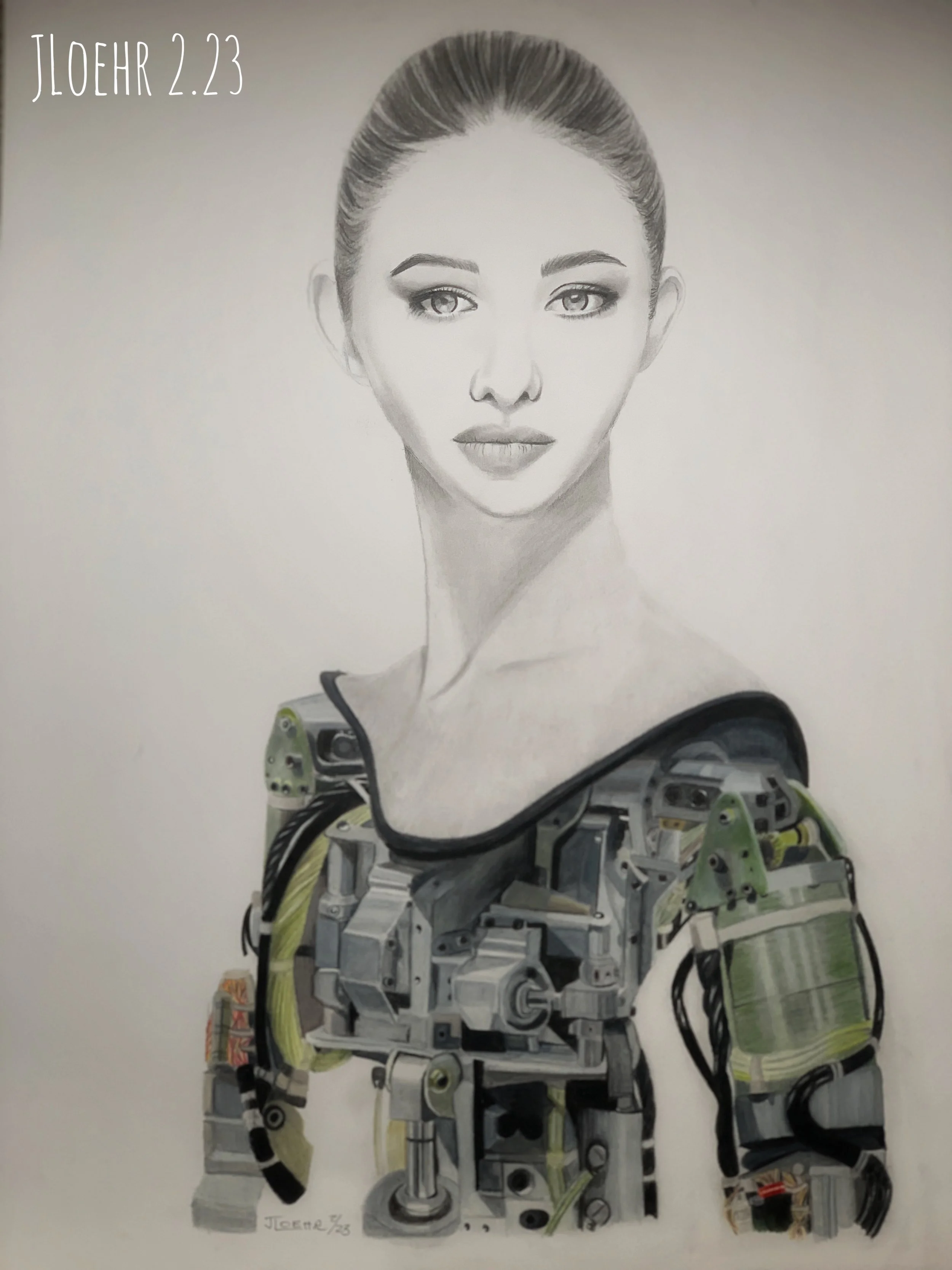 A detailed pencil drawing of a woman’s face and shoulders, blending realistic facial features with mechanical and electronic components that form her body and clothing, combining portrait art with machinery.