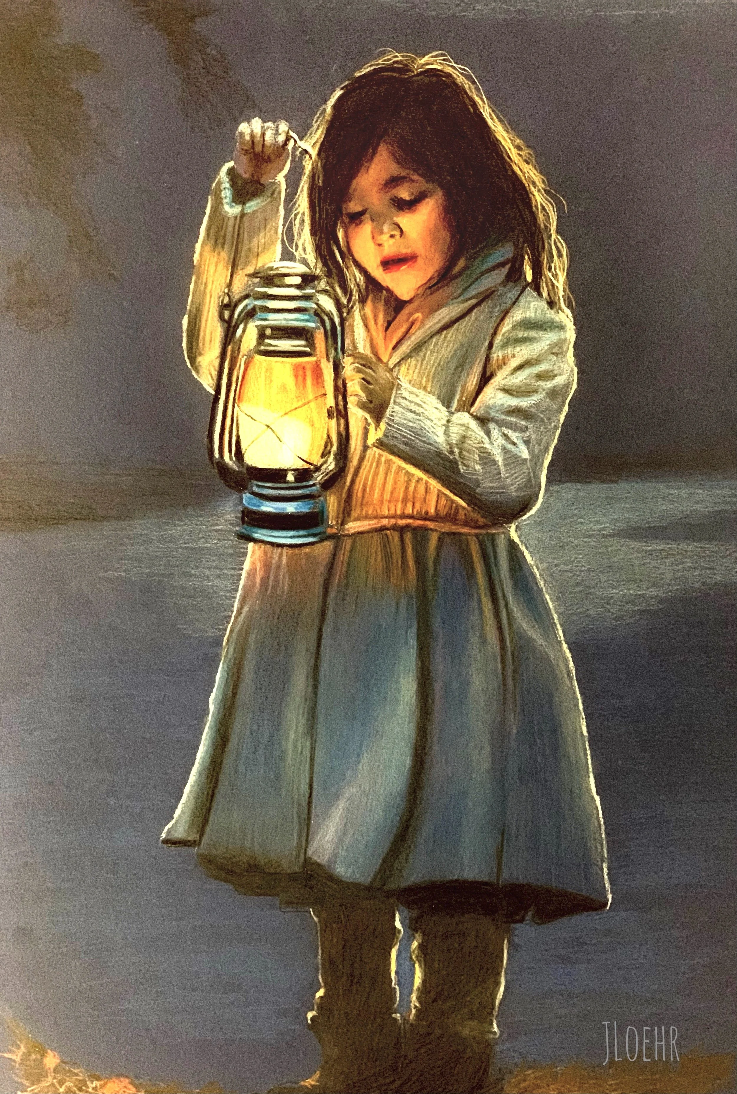A young girl with dark hair and a hooded jacket standing outdoors at night, holding a lit lantern.