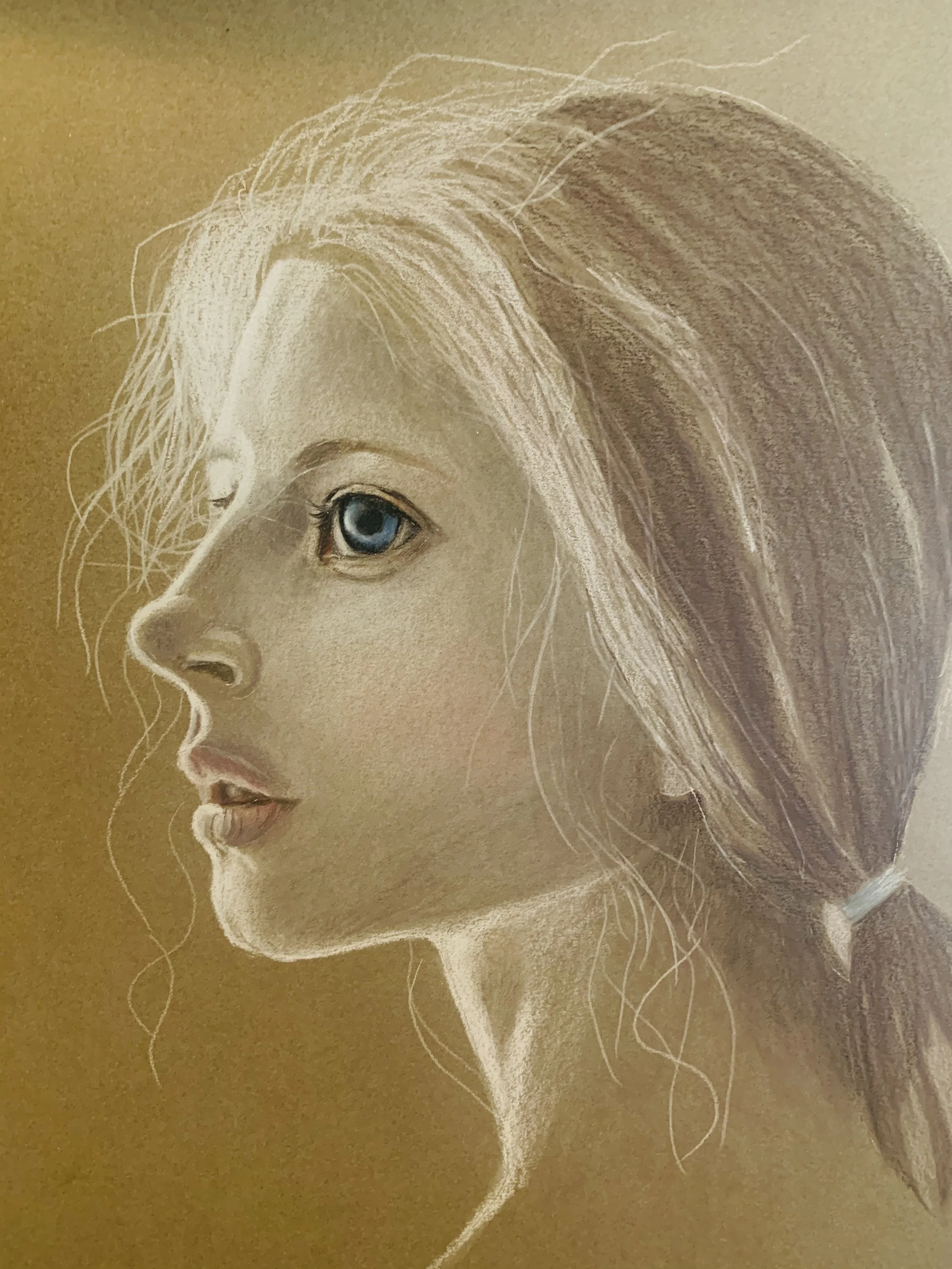 A portrait of a young girl with blonde hair and blue eyes, drawn with a soft, realistic style on a golden background.