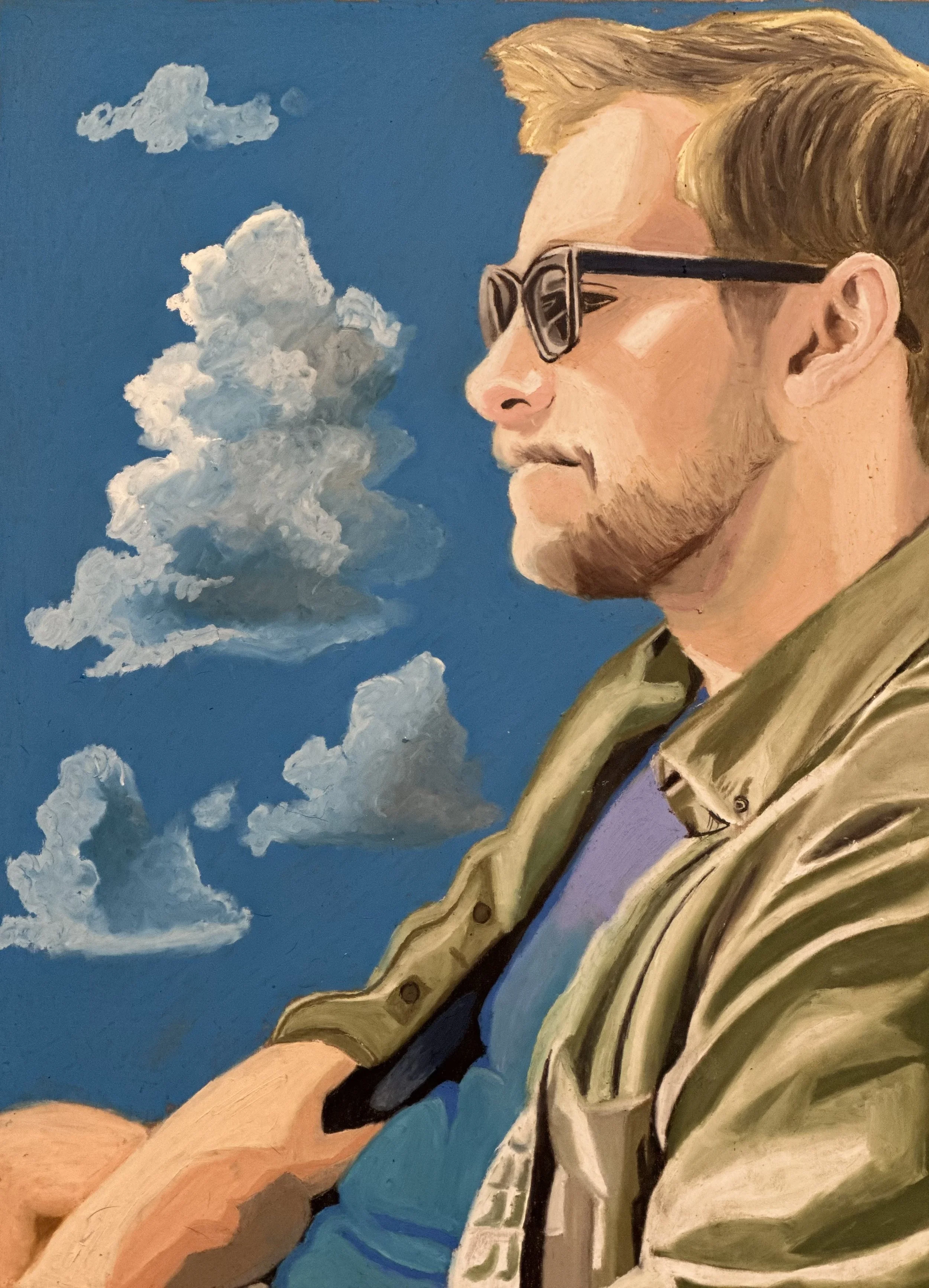 A portrait painting of a man with blonde hair, wearing sunglasses and a tan jacket, against a bright blue sky with white clouds.