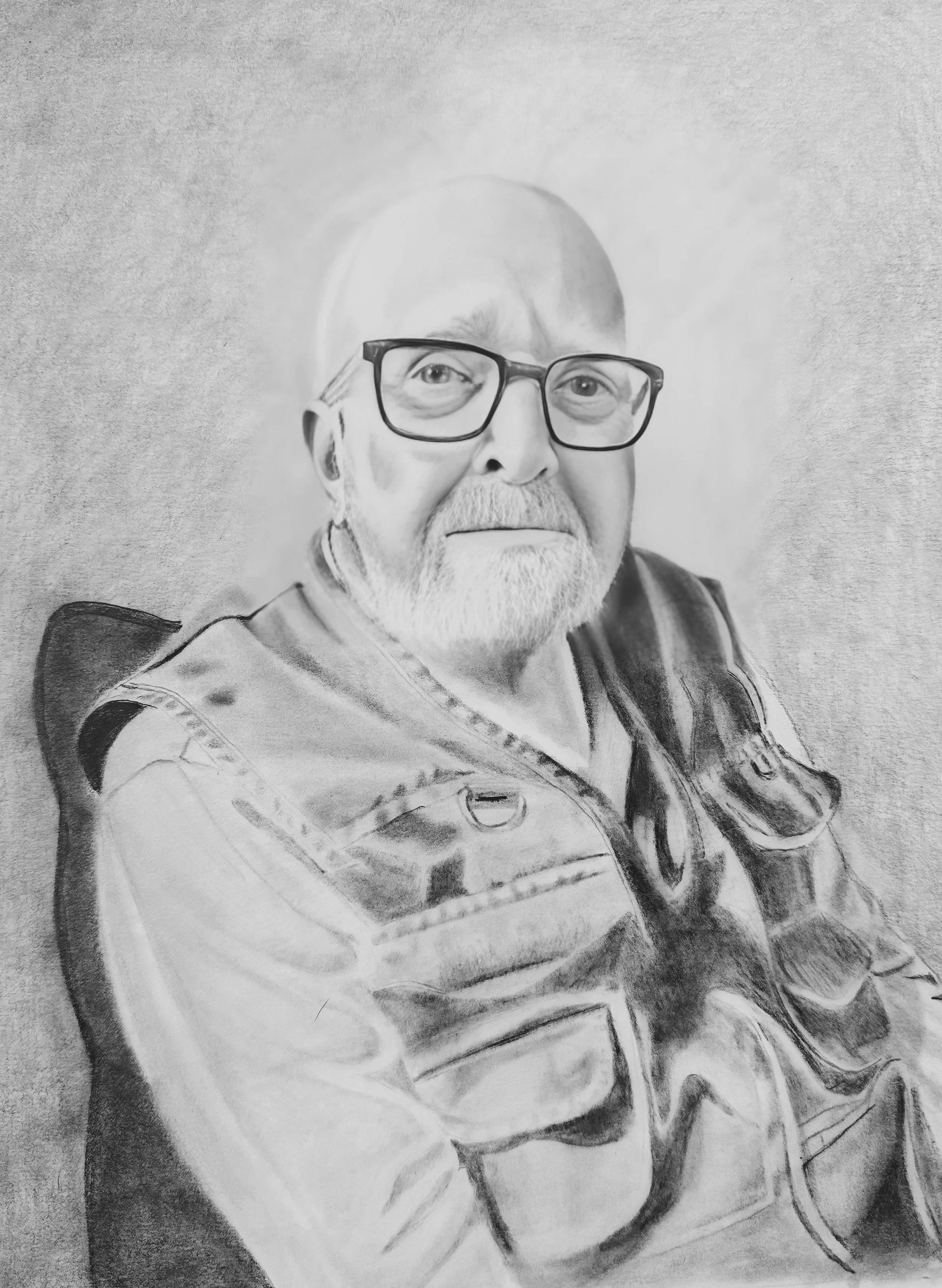 Black and white sketch of an elderly man with glasses, white beard, wearing a jacket, sitting on a chair.
